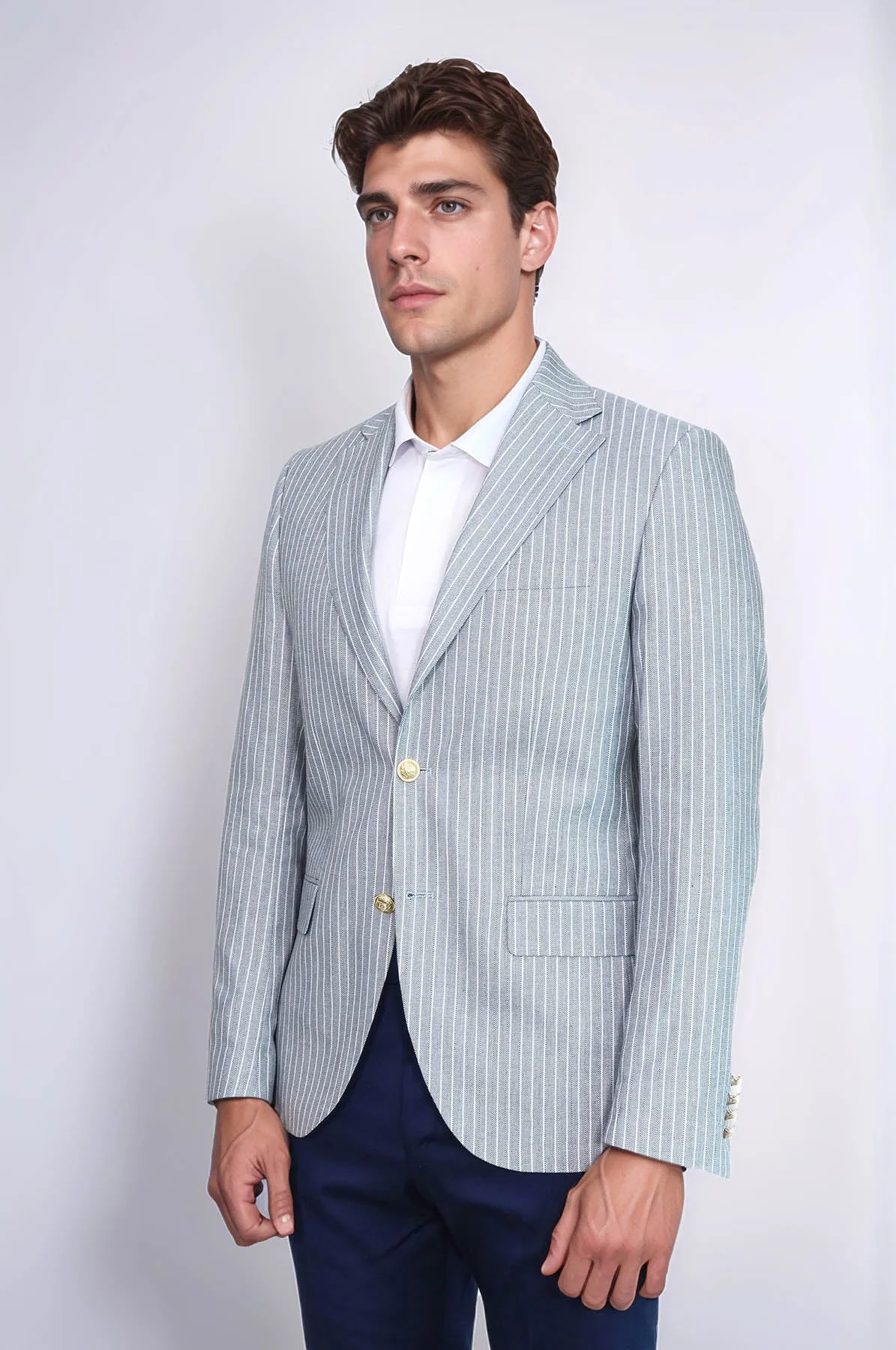 Light Blue Striped Linen Gold Metal Button Slim Fit Men's Blazer Jacket - Wessi sold by Wessi product image thumbnail 4