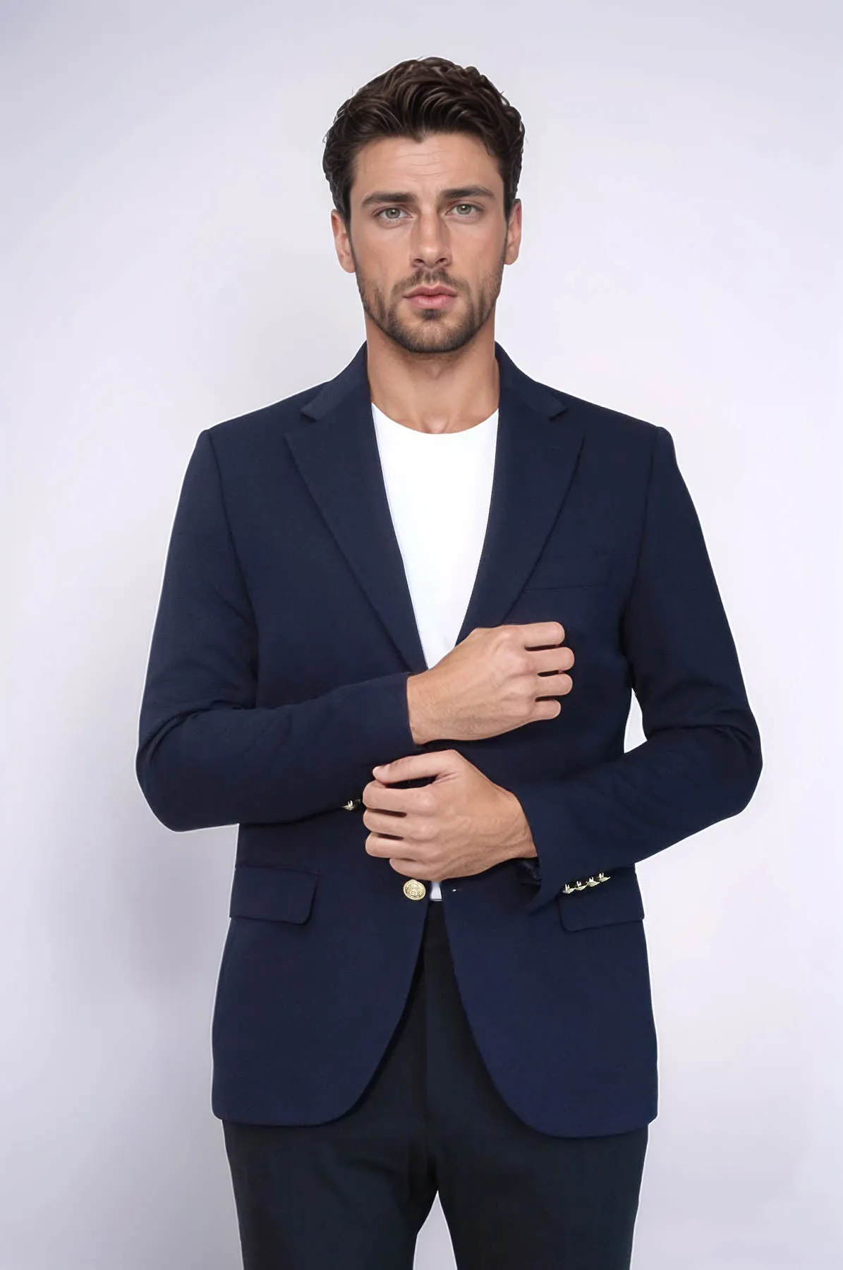 Navy Blue Textured Gold Metal Button Slim Fit Men's Blazer Jacket - Wessi sold by Wessi product image thumbnail 5