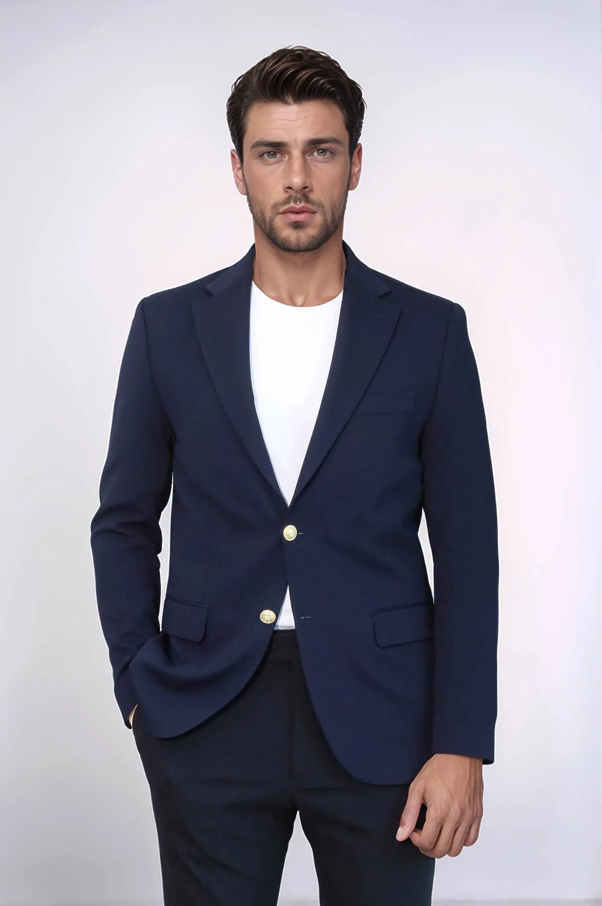 Navy Blue Textured Gold Metal Button Slim Fit Men's Blazer Jacket - Wessi sold by Wessi