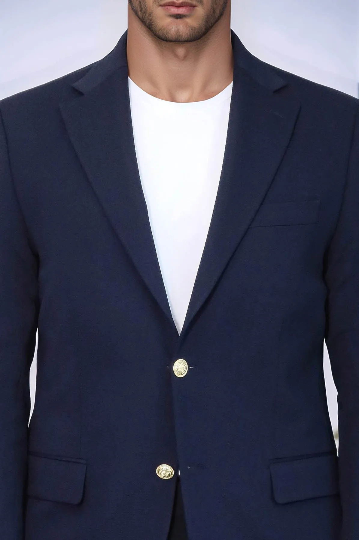 Navy Blue Textured Gold Metal Button Slim Fit Men's Blazer Jacket - Wessi sold by Wessi product image thumbnail 2
