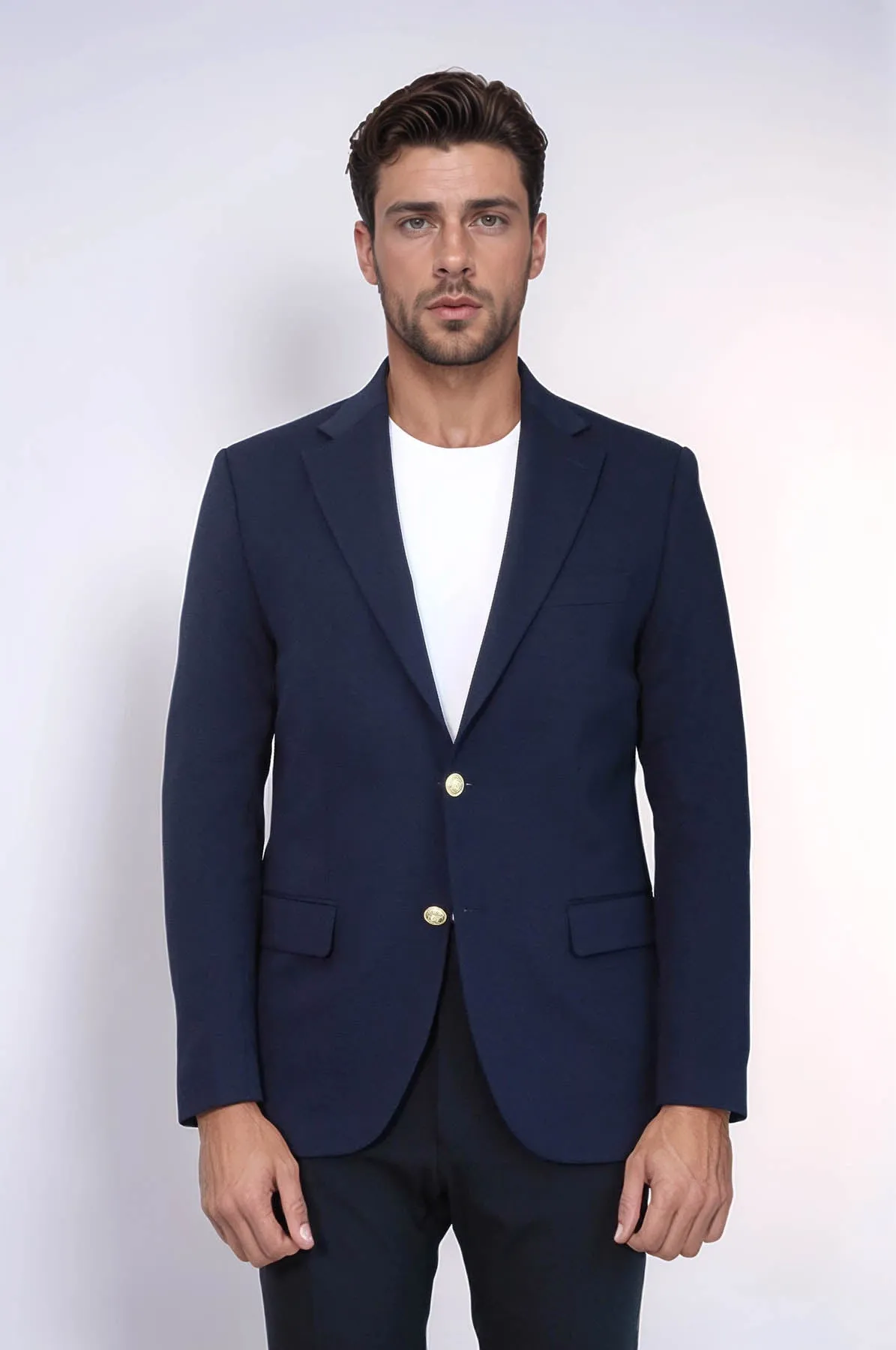 Navy Blue Textured Gold Metal Button Slim Fit Men's Blazer Jacket - Wessi sold by Wessi product image thumbnail 3