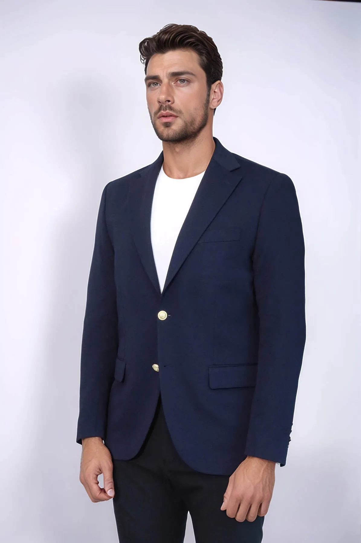 Navy Blue Textured Gold Metal Button Slim Fit Men's Blazer Jacket - Wessi sold by Wessi product image thumbnail 4