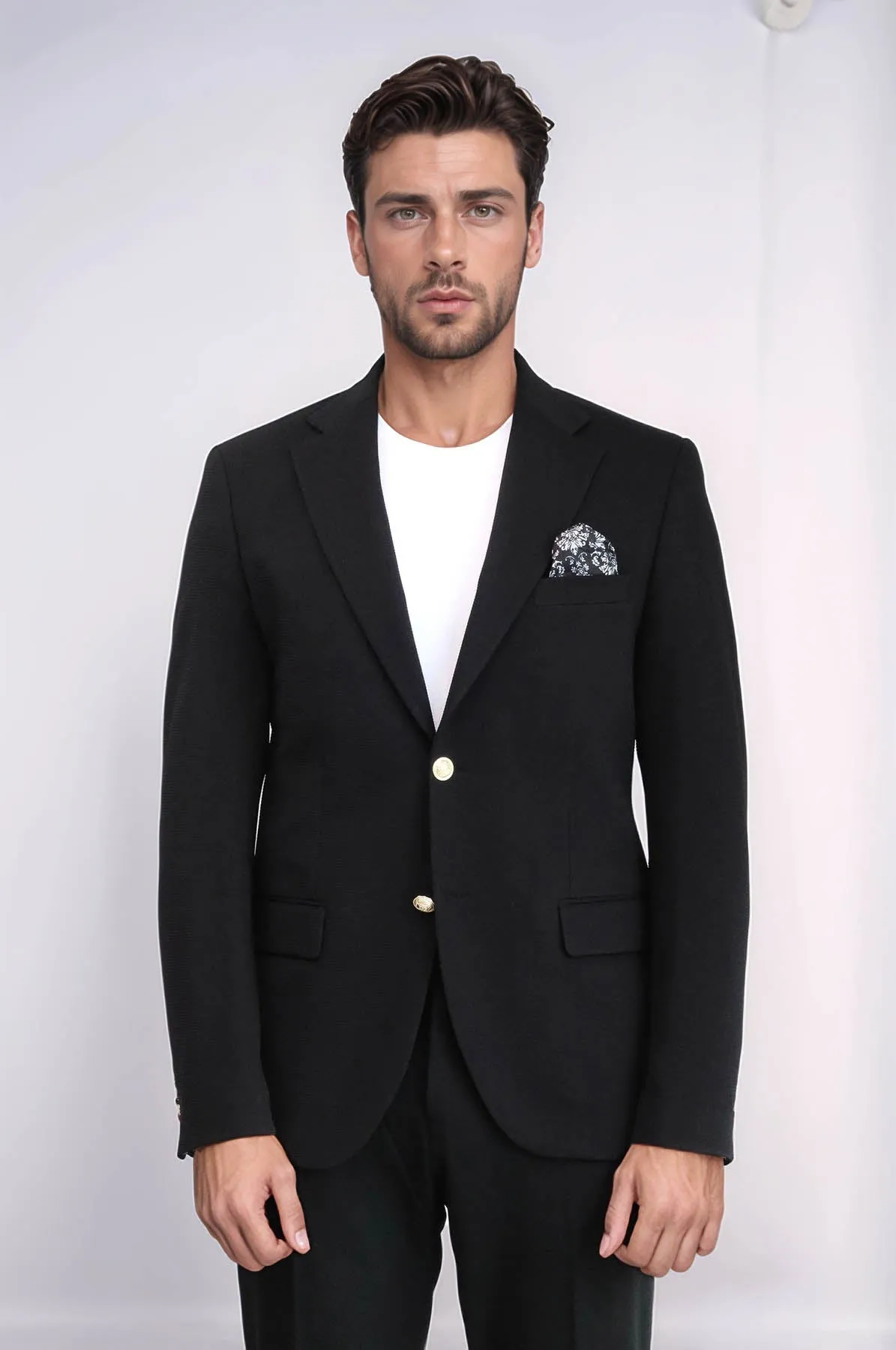 Black Textured Gold Metal Button Slim Fit Men's Blazer Jacket - Wessi sold by Wessi product image thumbnail 5