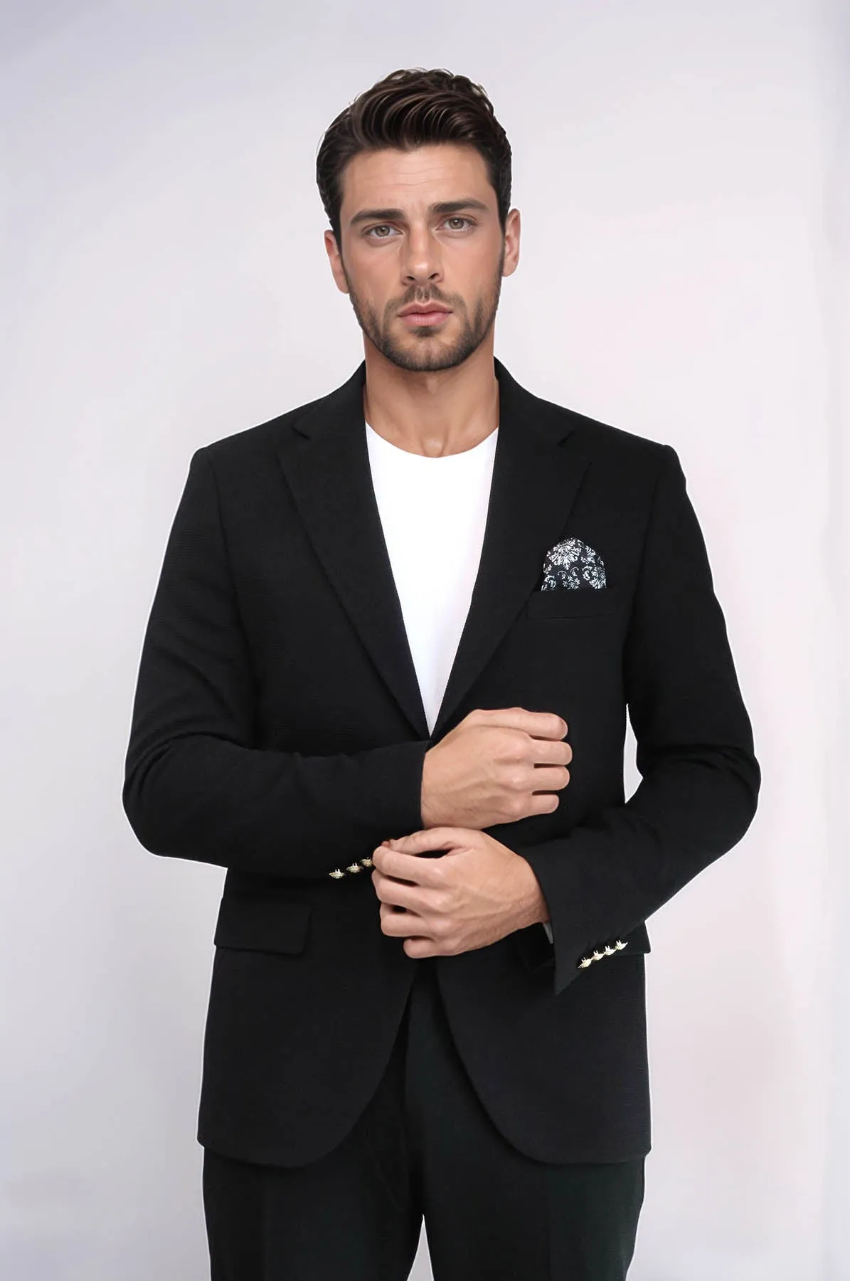 Black Textured Gold Metal Button Slim Fit Men's Blazer Jacket - Wessi sold by Wessi product image thumbnail 3