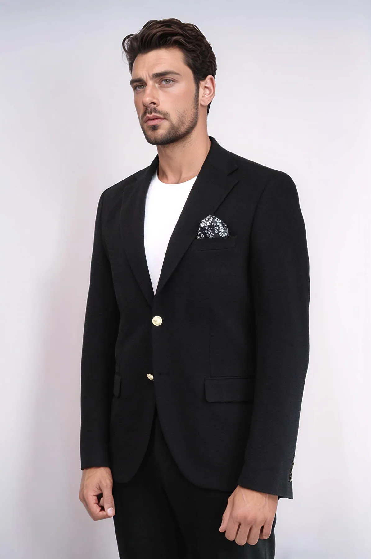 Black Textured Gold Metal Button Slim Fit Men's Blazer Jacket - Wessi sold by Wessi product image thumbnail 4