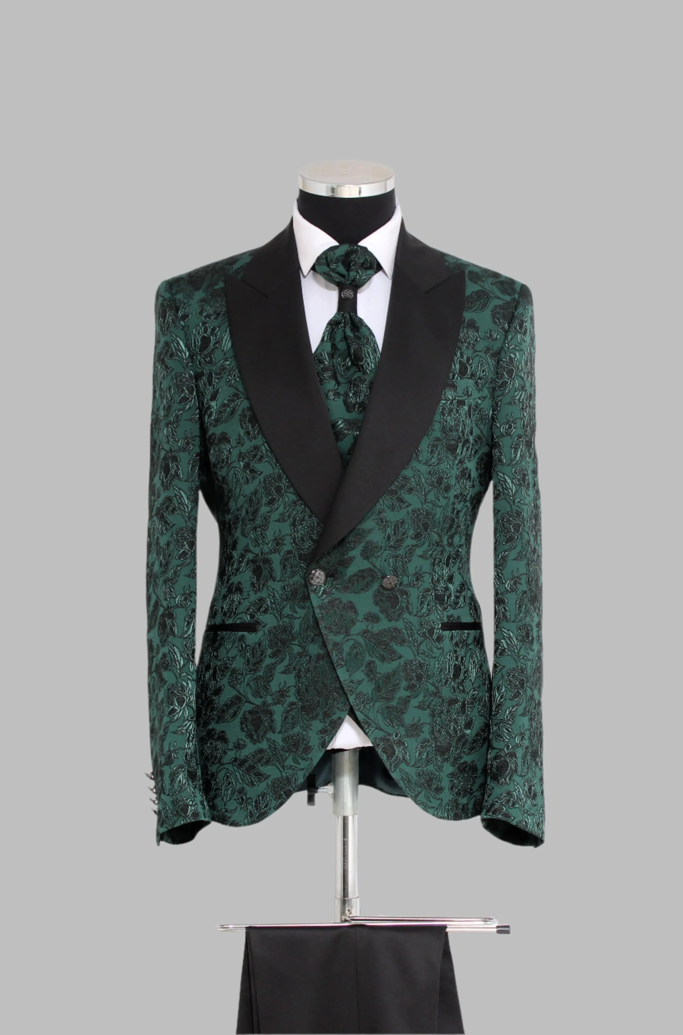 3 Piece Floral Jacquard Black Wide Satin Shawl Lapel Emerald Green Men Tuxedo – Wessi sold by Wessi