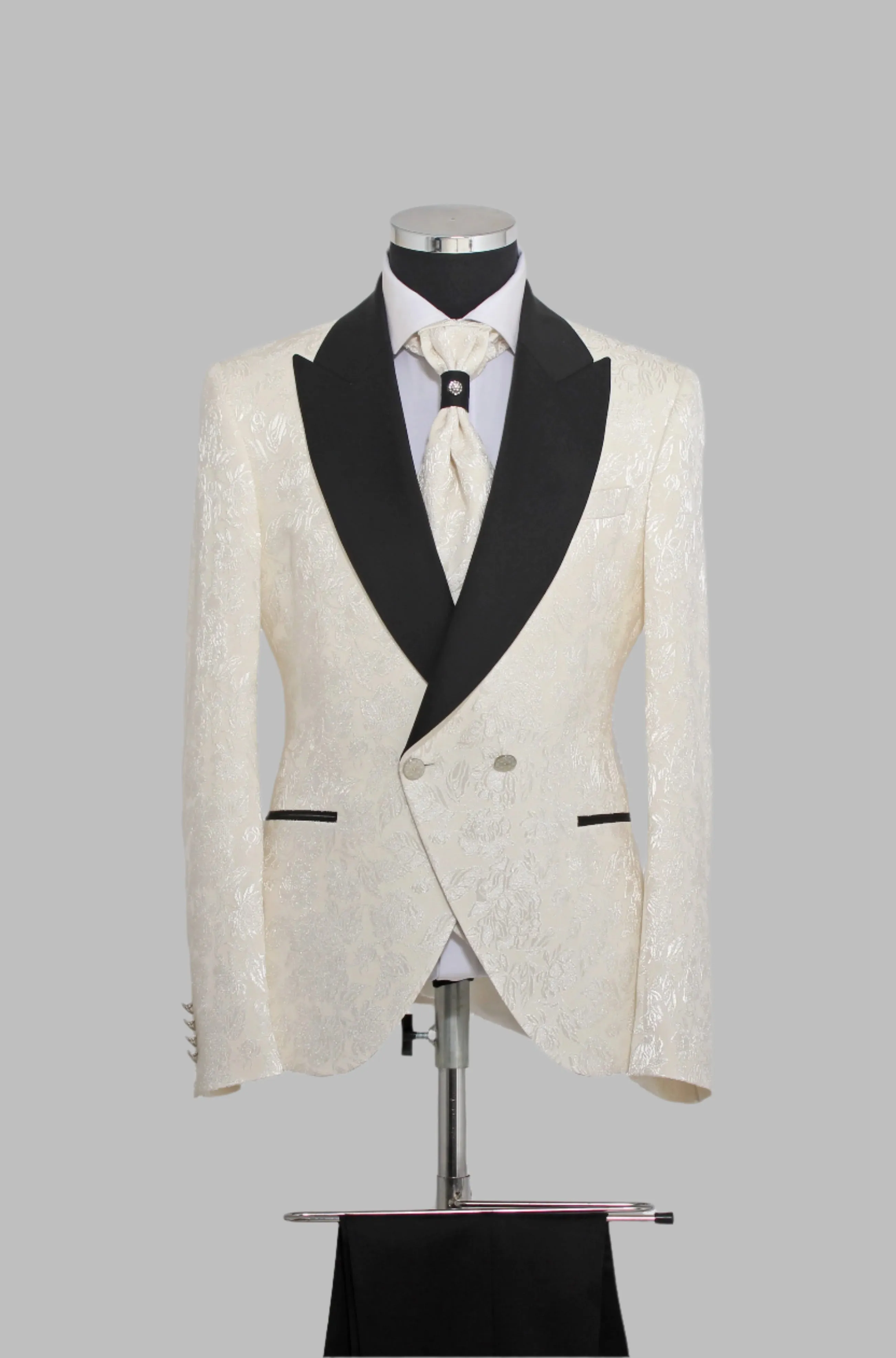 3 Piece Floral Jacquard Black Wide Satin Shawl Lapel Cream Men Tuxedo – Wessi sold by Wessi