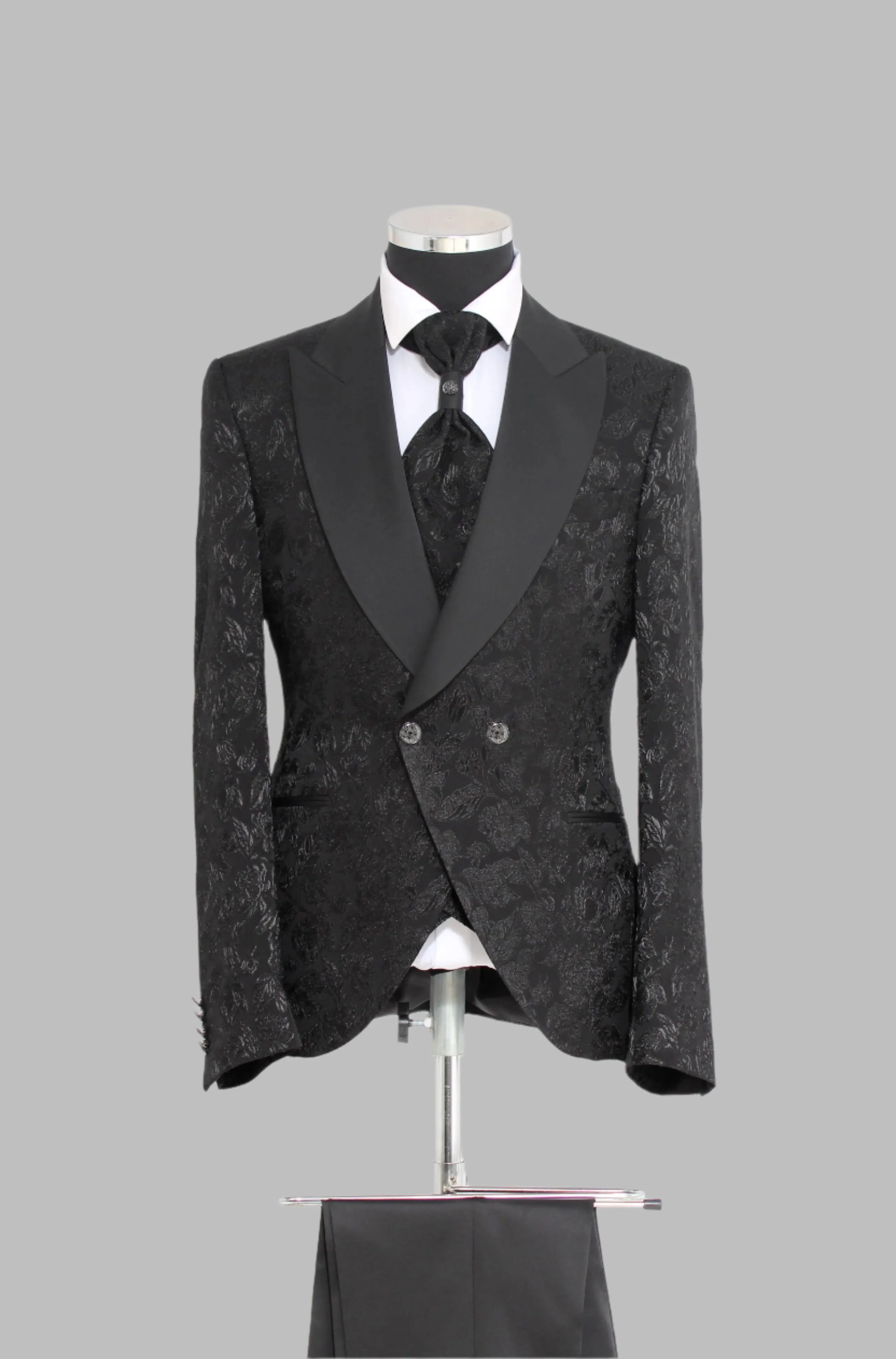 3 Piece Floral Jacquard Wide Satin Shawl Lapel Black Men Tuxedo – Wessi sold by Wessi