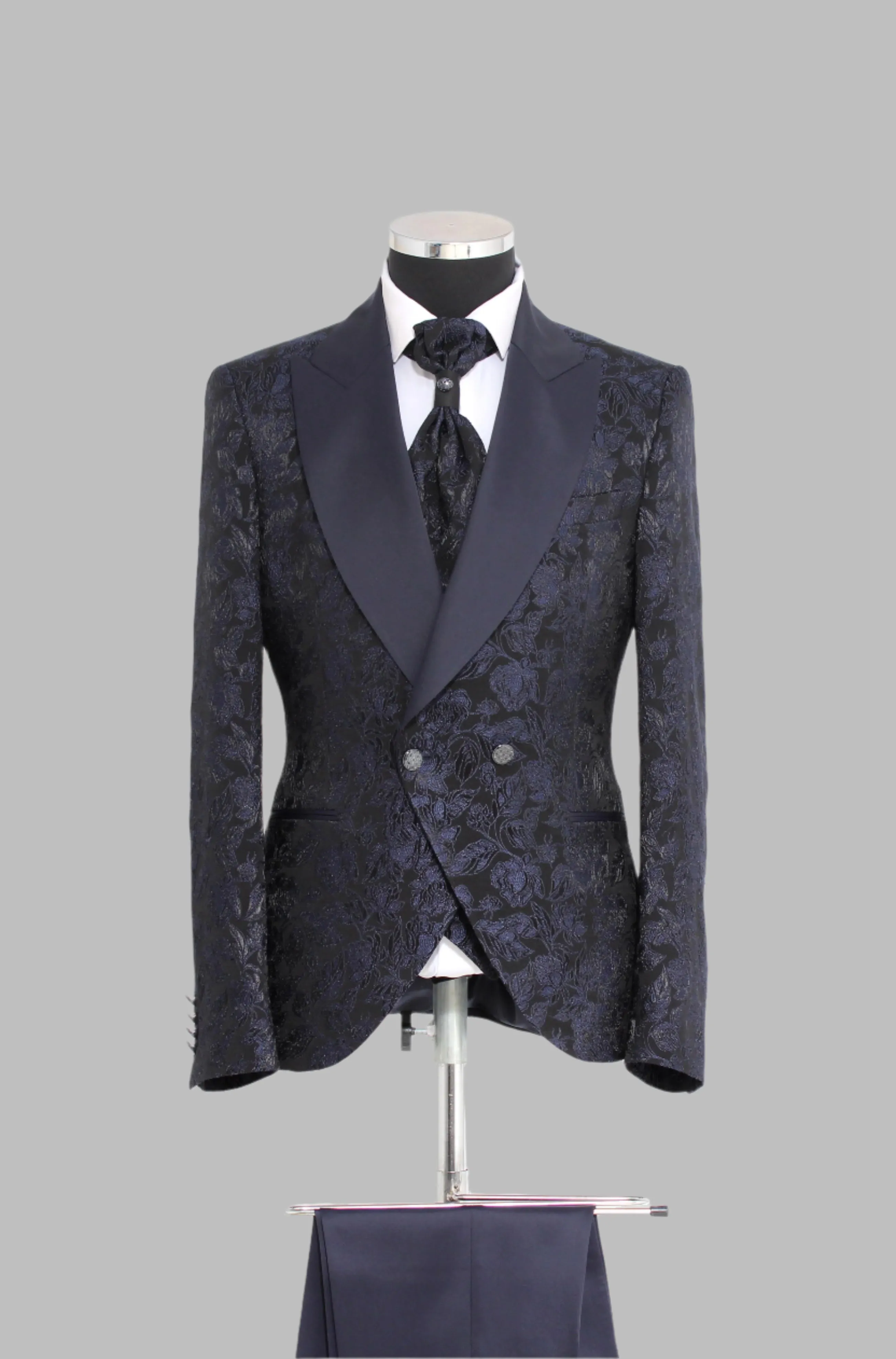 3 Piece Floral Jacquard Wide Satin Shawl Lapel Navy Blue Men Tuxedo – Wessi sold by Wessi