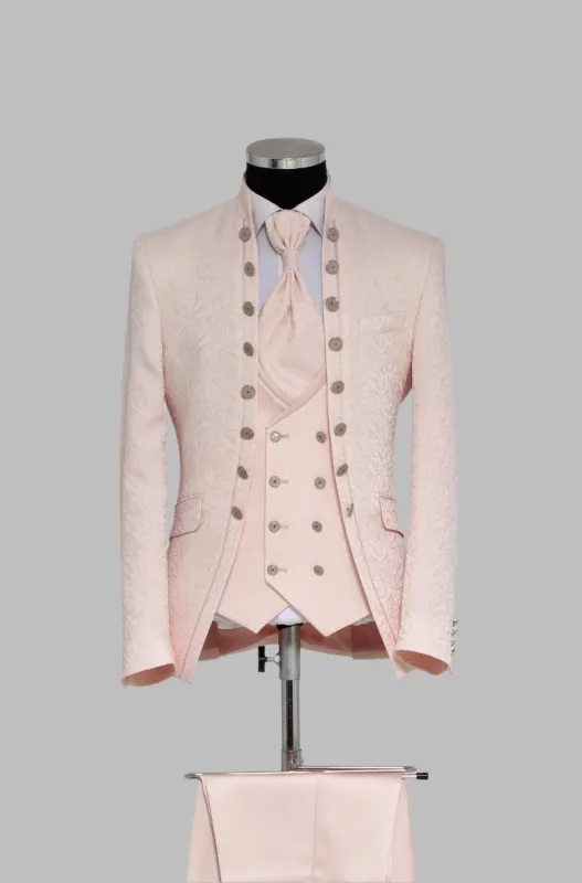 3 Piece Floral Jacquard Mandarin Collar Blush Pink Men Tuxedo - Wessi sold by Wessi