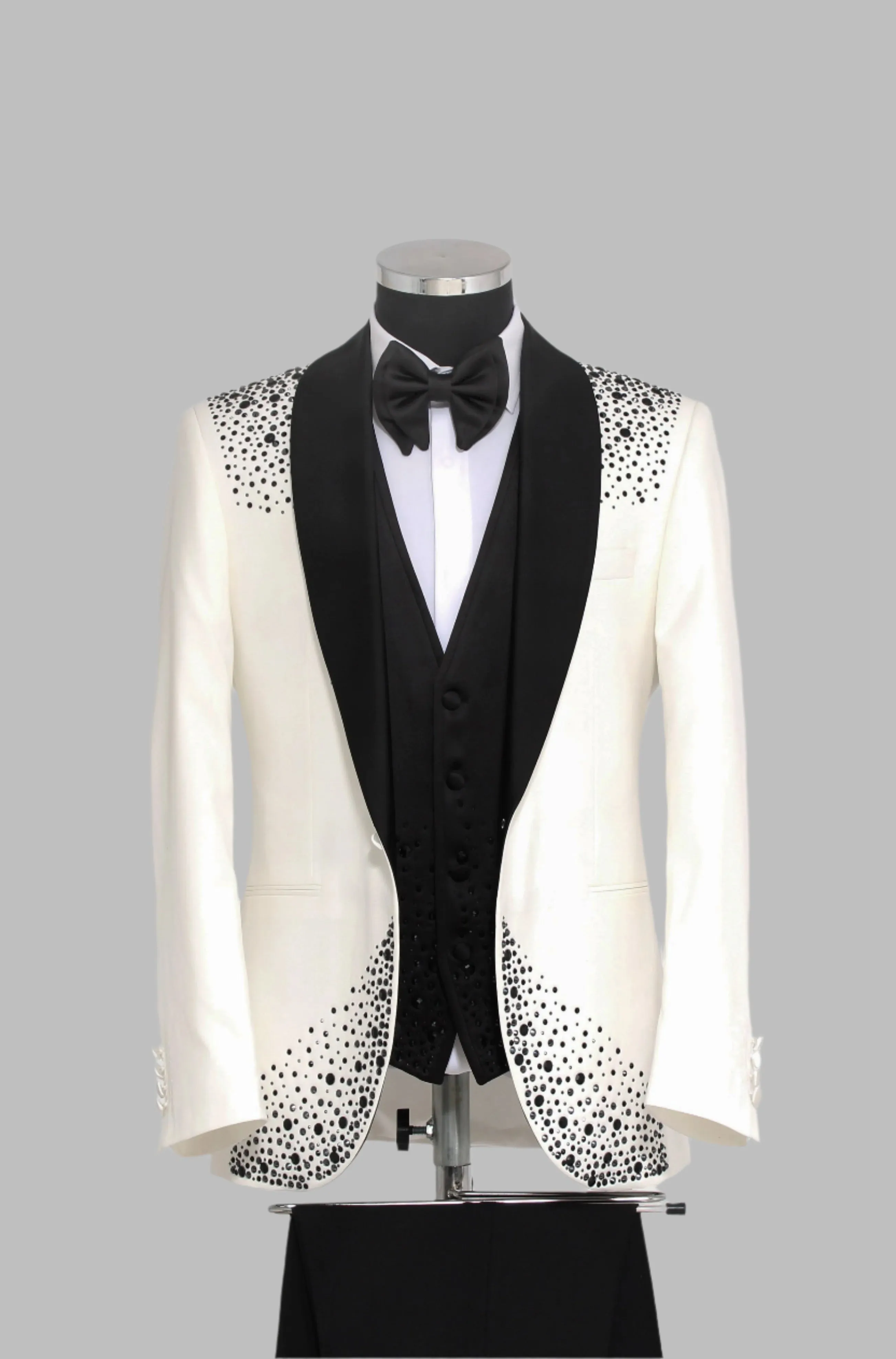 3 Piece White Men’s Tuxedo with Black Satin Lapel and Rhinestone Embellishments – Wessi sold by Wessi