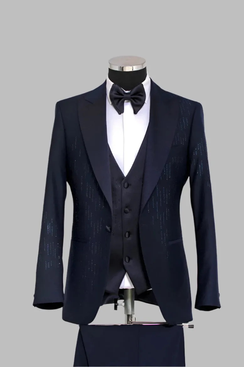 3 Piece Satin Shawl Lapel Rhinestone Detailed Navy Blue Men Tuxedo - Wessi sold by Wessi