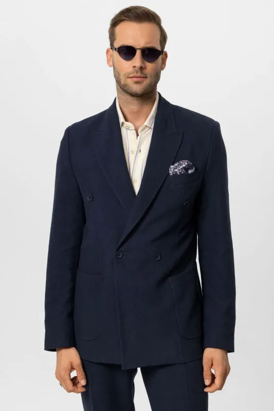 Men's Navy Blue Navy Double-Breasted Linen Blend Jacket - Wessi sold by Wessi