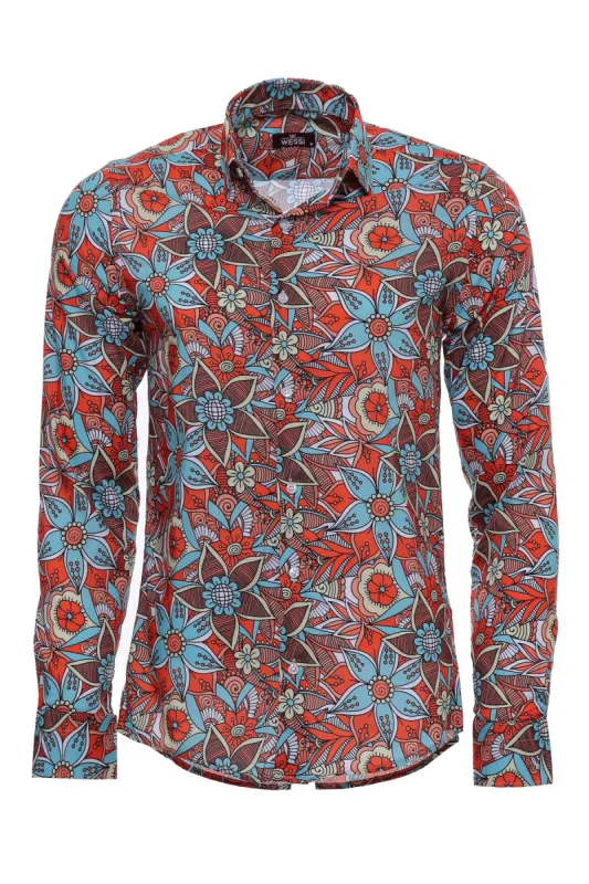 Blue Floral Slim-Fit Long Sleeve Red Men Shirt - Wessi sold by Wessi