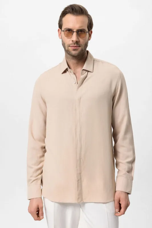 Men's Beige Hidden Button Linen Blend  Shirt - Wessi sold by Wessi