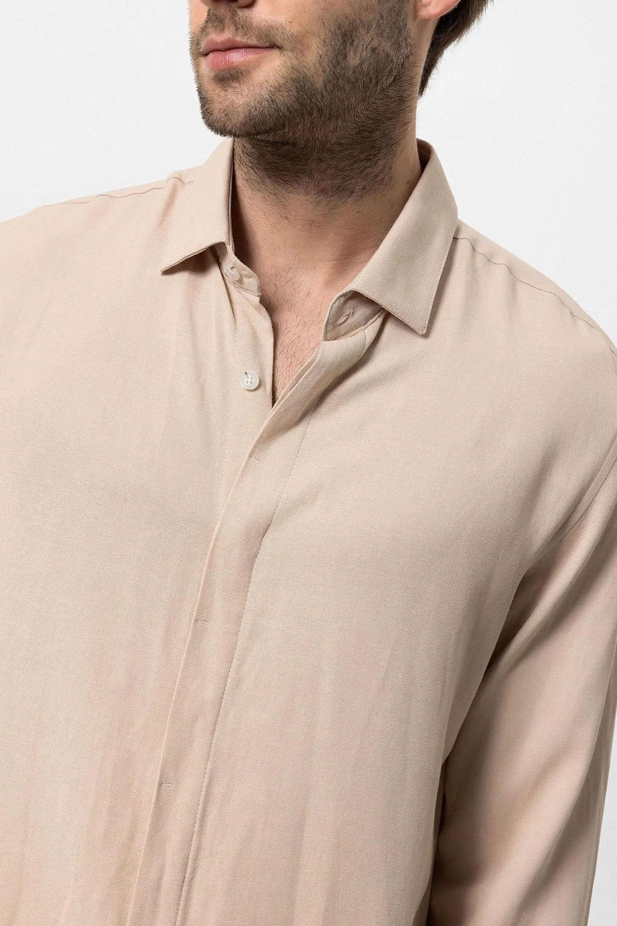 Men's Beige Hidden Button Linen Blend Shirt - Wessi sold by Wessi product image thumbnail 5