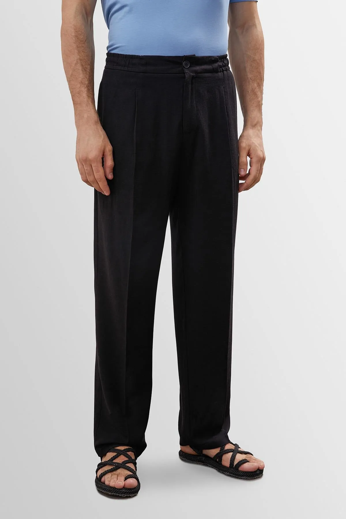 Men's Black High Waist Pleated Linen Blend Trousers - Wessi sold by Wessi product image thumbnail 5