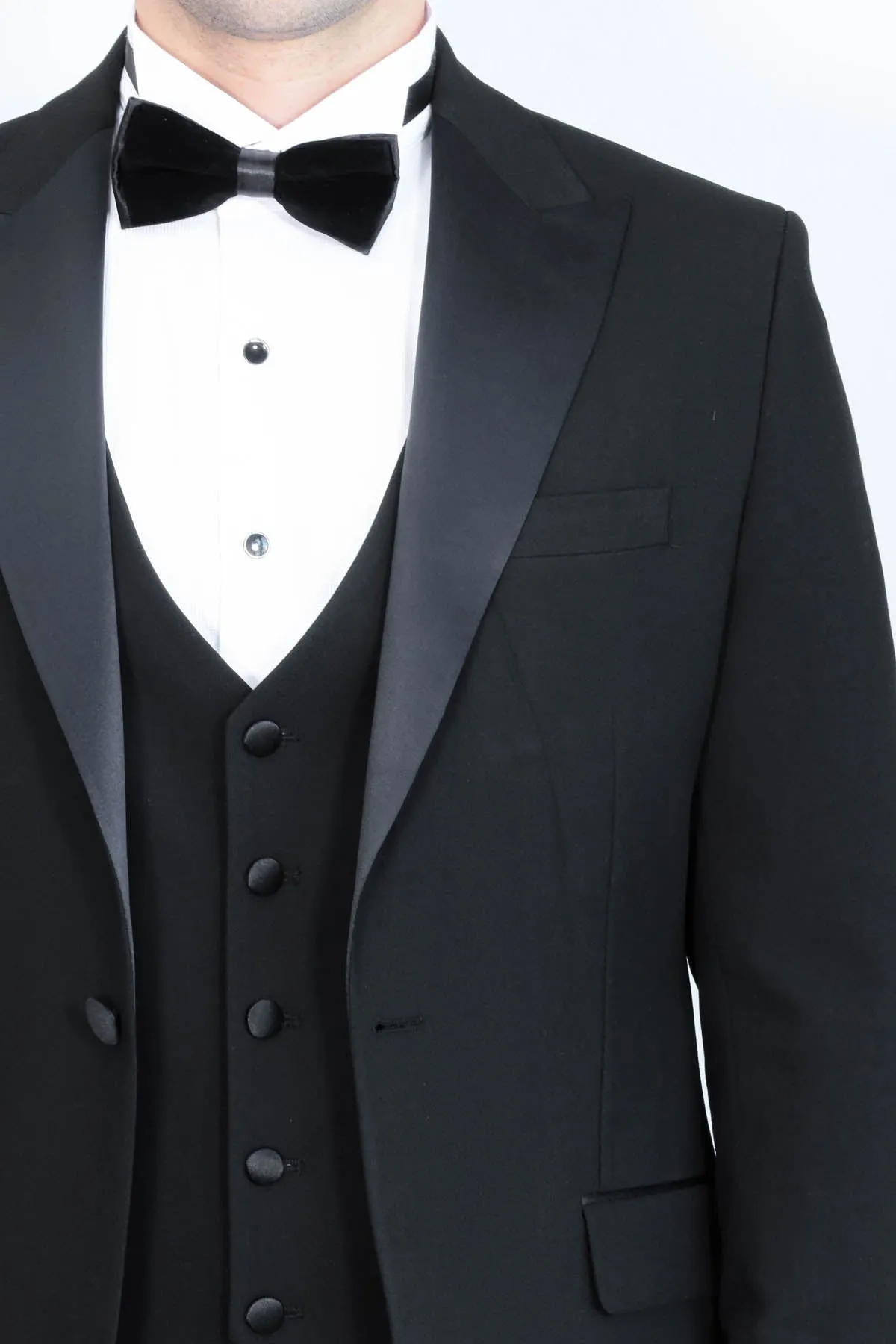 Classic Black Tuxedo Suit with Satin Peak Lapel and Waistcoat – Wessi sold by Wessi product image thumbnail 2