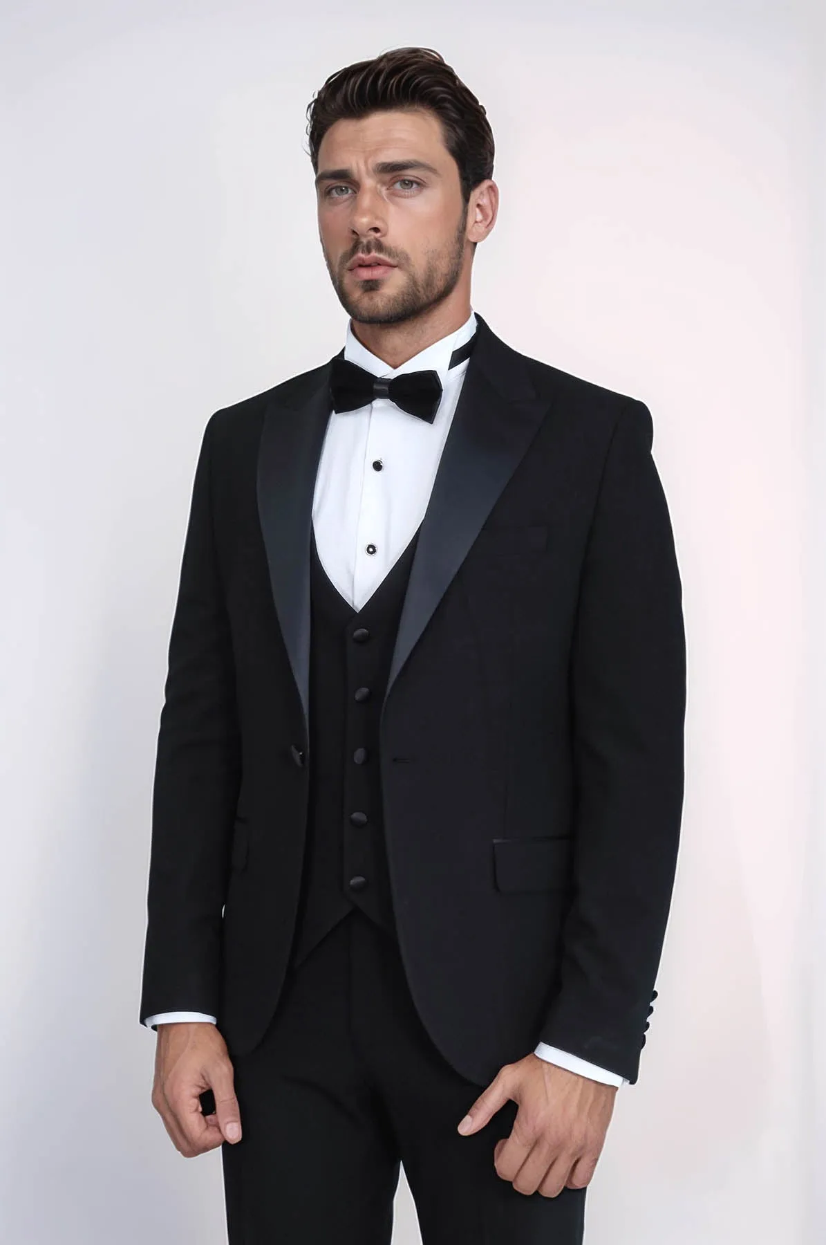 Classic Black Tuxedo Suit with Satin Peak Lapel and Waistcoat – Wessi sold by Wessi product image thumbnail 4