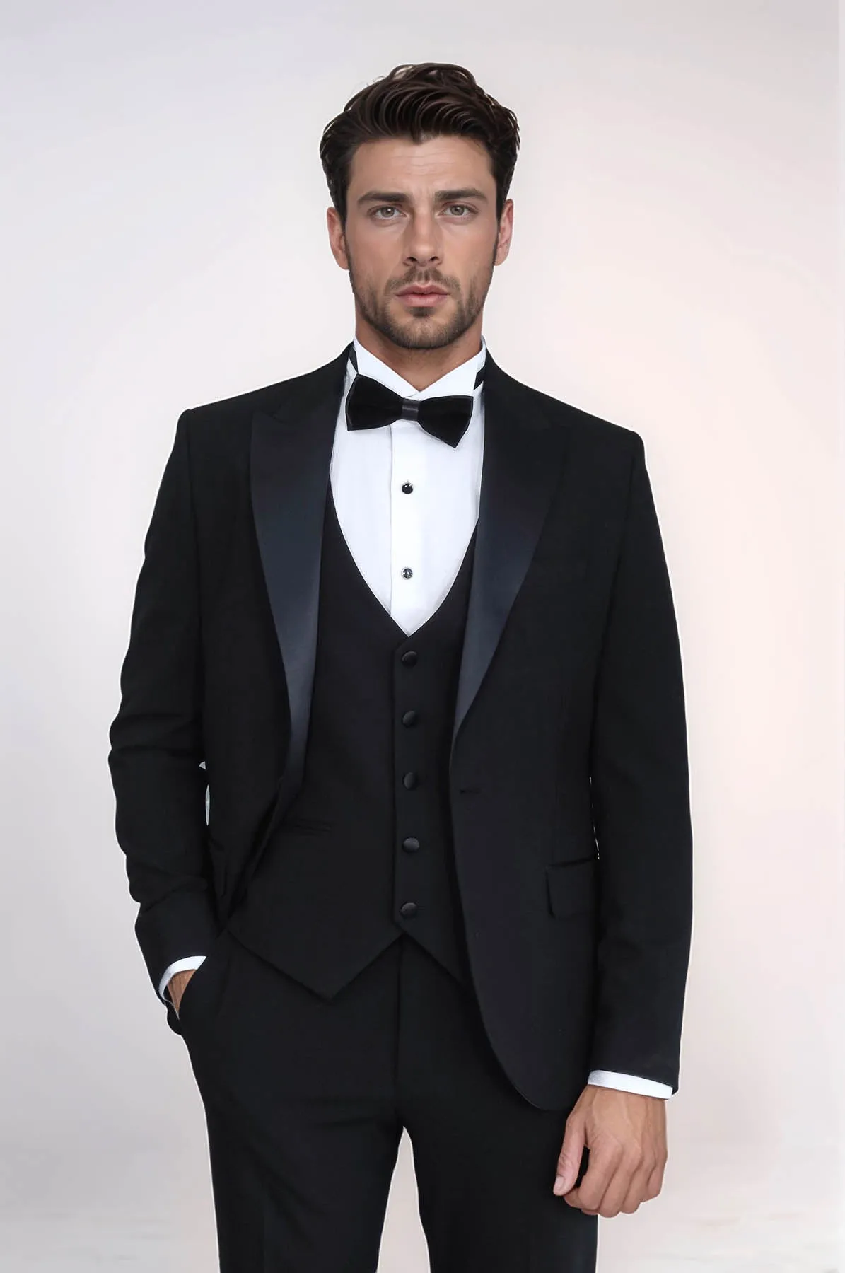Classic Black Tuxedo Suit with Satin Peak Lapel and Waistcoat – Wessi sold by Wessi
