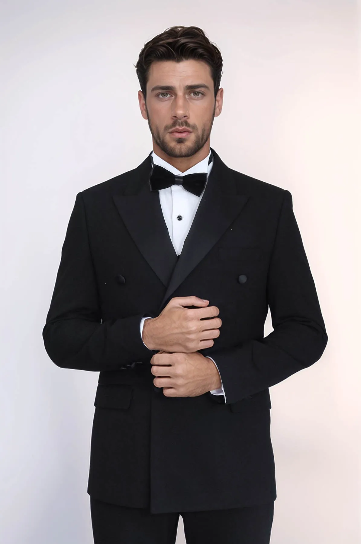 Slim Fit Double-Breasted Black Tuxedo Suit with Satin Lapel – Wessi sold by Wessi