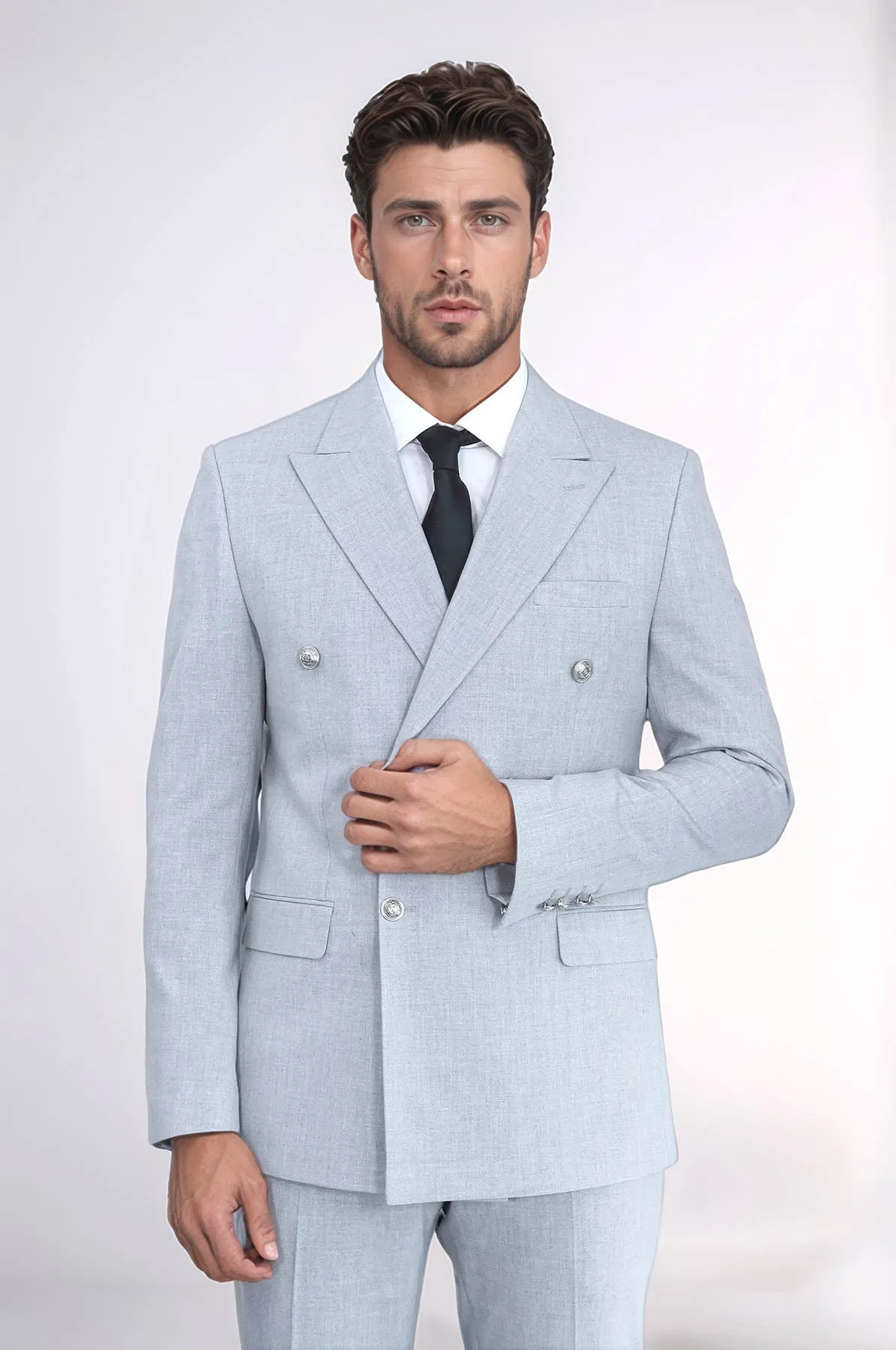 Modern Fit Double-Breasted Grey Men’s Suit with Silver-Tone Metal Buttons – Wessi sold by Wessi product image thumbnail 5
