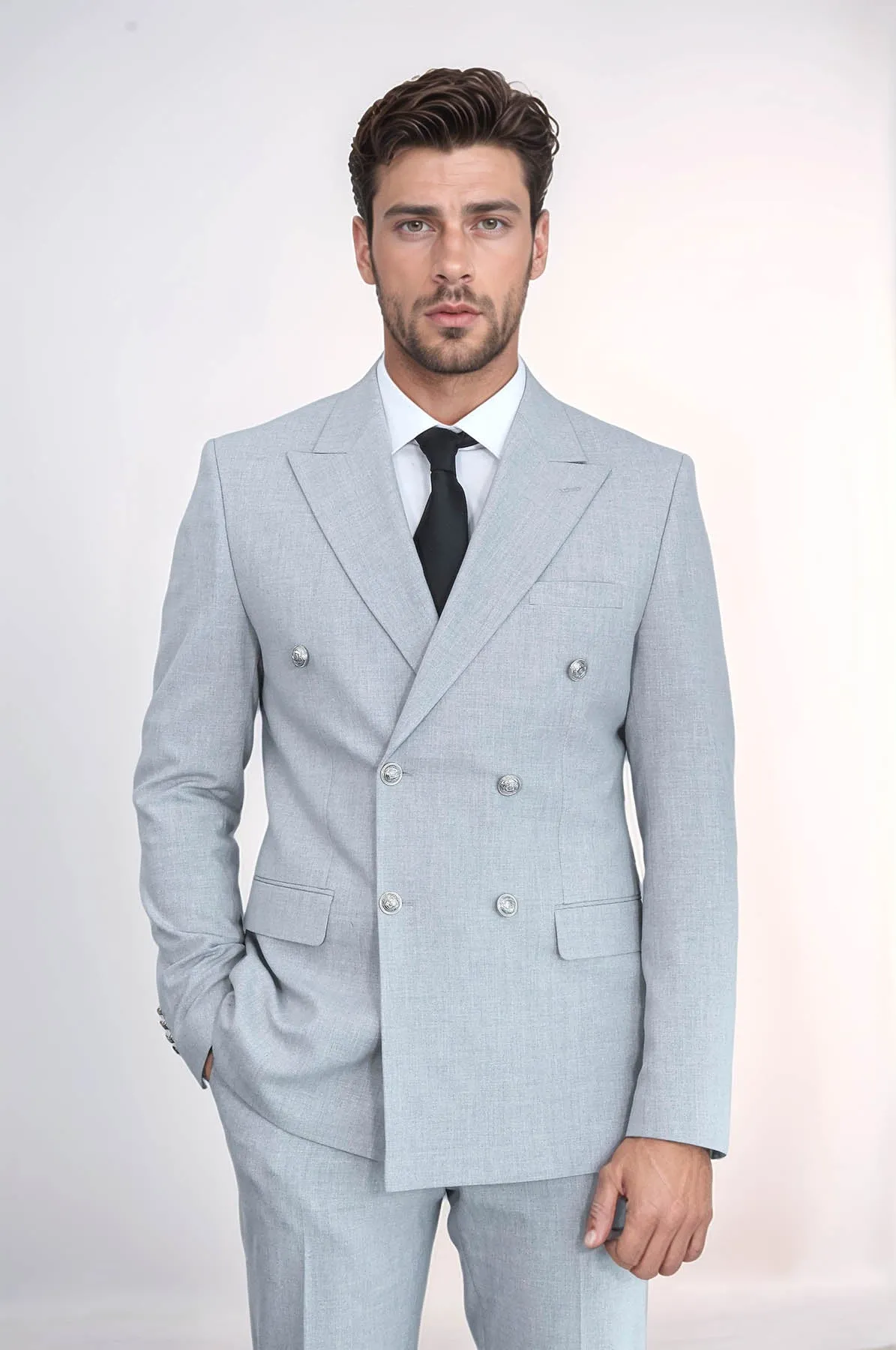 Modern Fit Double-Breasted Grey Men’s Suit with Silver-Tone Metal Buttons – Wessi sold by Wessi