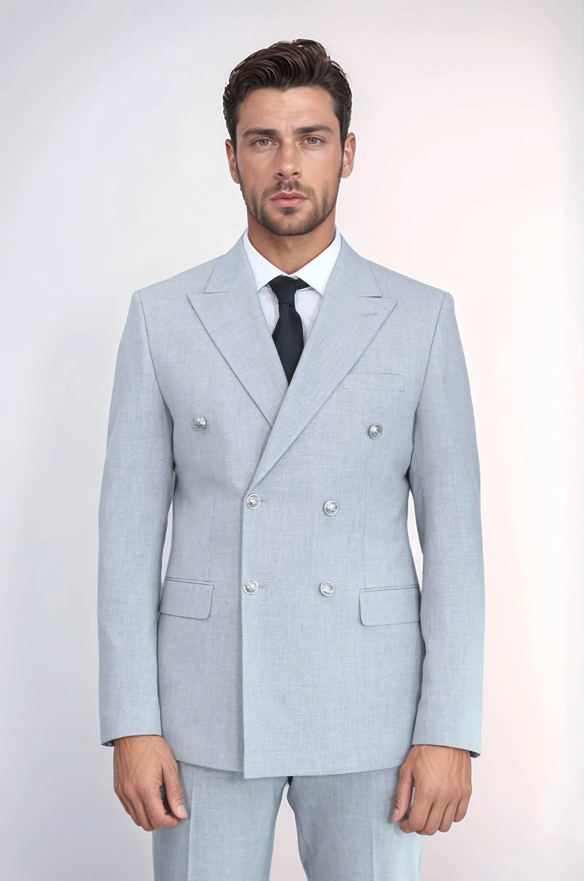 Modern Fit Double-Breasted Grey Men’s Suit with Silver-Tone Metal Buttons – Wessi sold by Wessi product image thumbnail 3