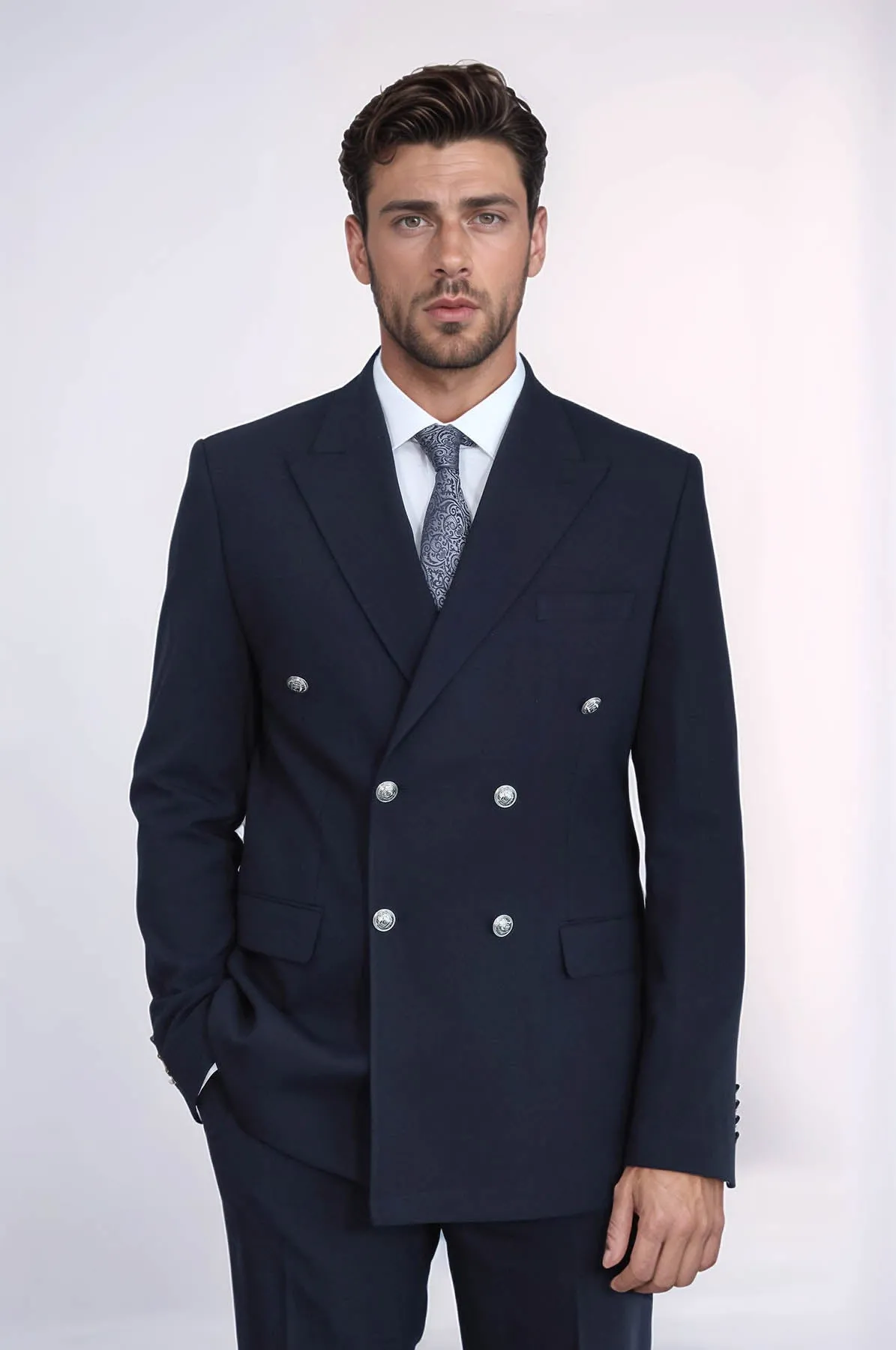 Slim Fit Double-Breasted Navy Men’s Suit with Silver-Tone Metal Buttons – Wessi sold by Wessi