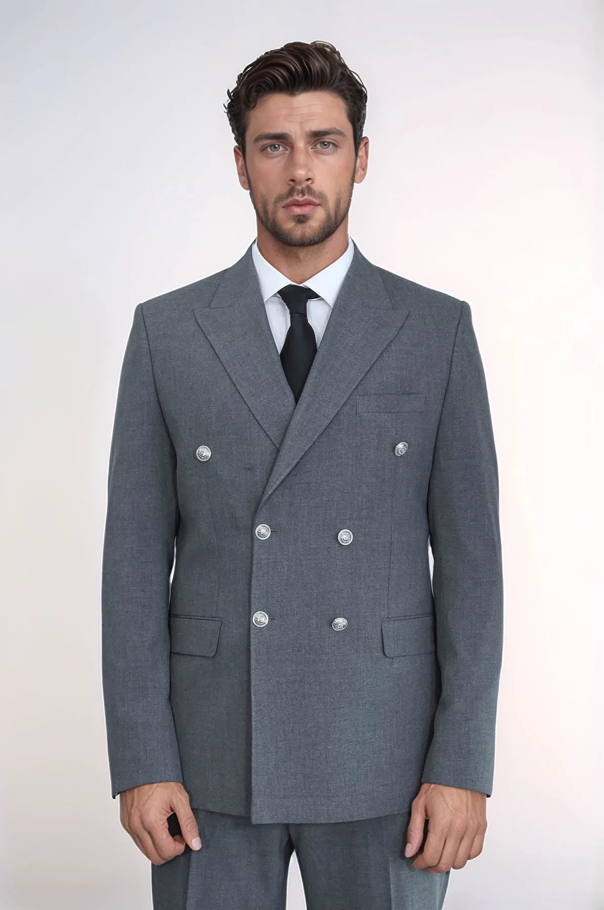 Slim Fit Double-Breasted Anthracite Men’s Suit with Silver-Tone Metal Buttons – Wessi sold by Wessi product image thumbnail 3