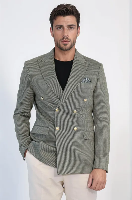 Olive Green Pinstriped Slim Fit Double-Breasted Blazer with Gold Metal Buttons – Wessi sold by Wessi