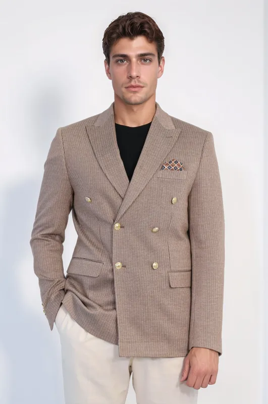 Sand Beige Pinstriped Slim Fit Double-Breasted Blazer with Gold Metal Buttons – Wessi sold by Wessi