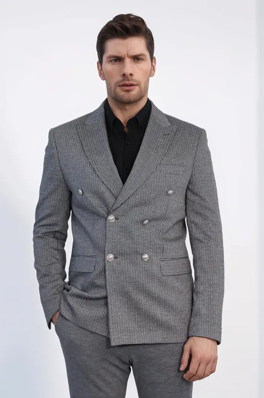 Anthracite Pinstriped Slim Fit Double-Breasted Blazer with Silver Metal Buttons – Wessi sold by Wessi