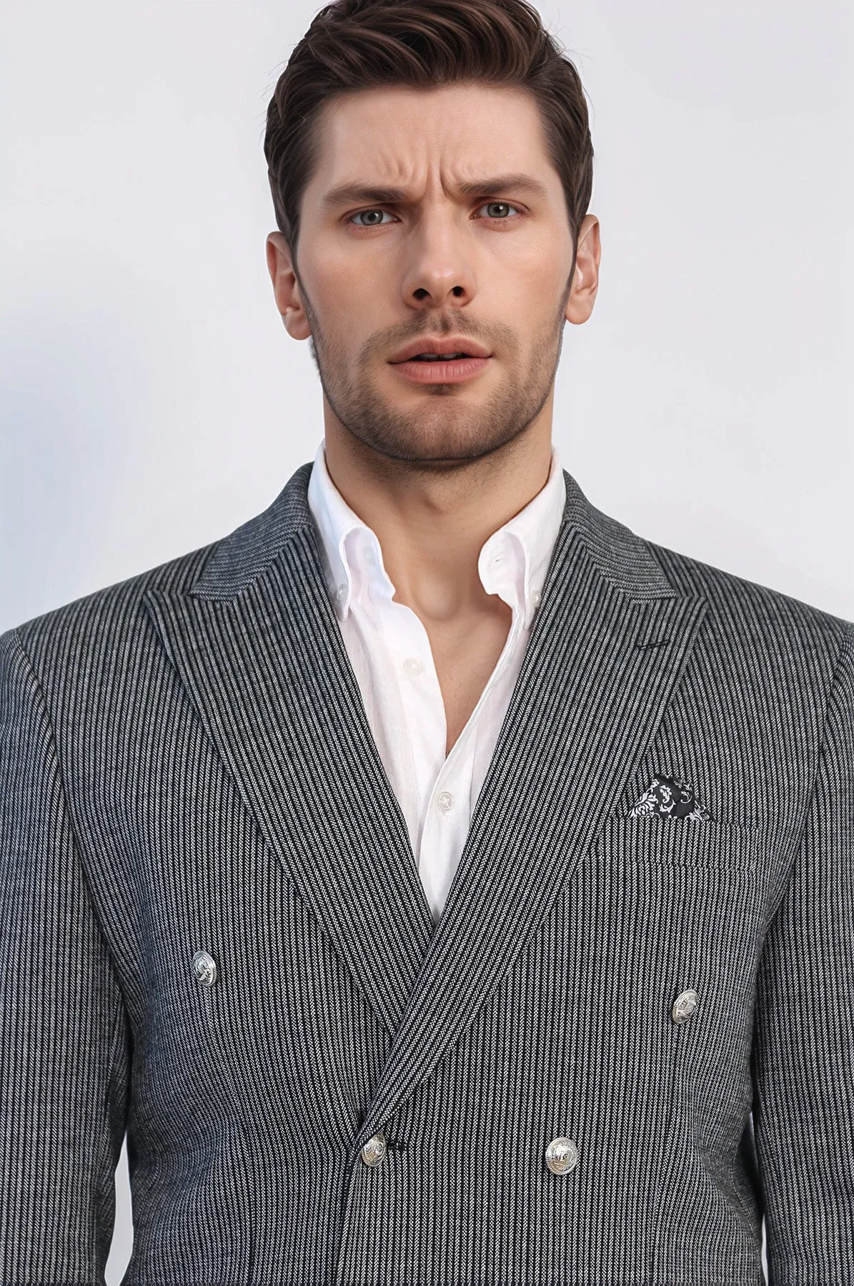 Black Pinstriped Slim Fit Double-Breasted Blazer with Silver Metal Buttons – Wessi sold by Wessi product image thumbnail 2