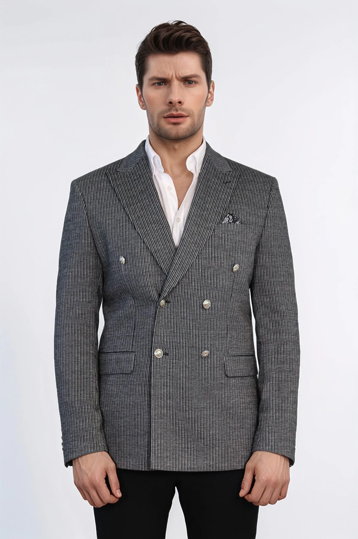 Black Pinstriped Slim Fit Double-Breasted Blazer with Silver Metal Buttons – Wessi sold by Wessi product image thumbnail 4