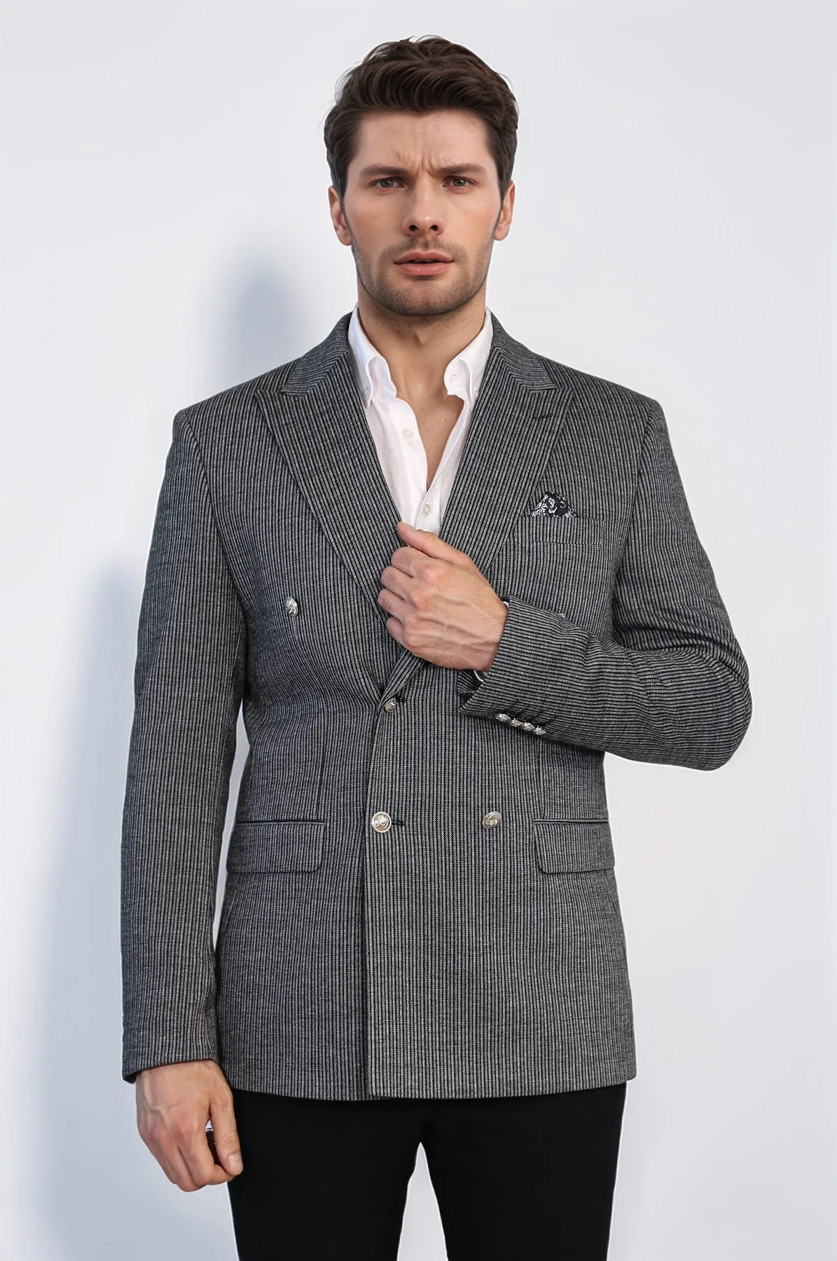 Black Pinstriped Slim Fit Double-Breasted Blazer with Silver Metal Buttons – Wessi sold by Wessi product image thumbnail 3