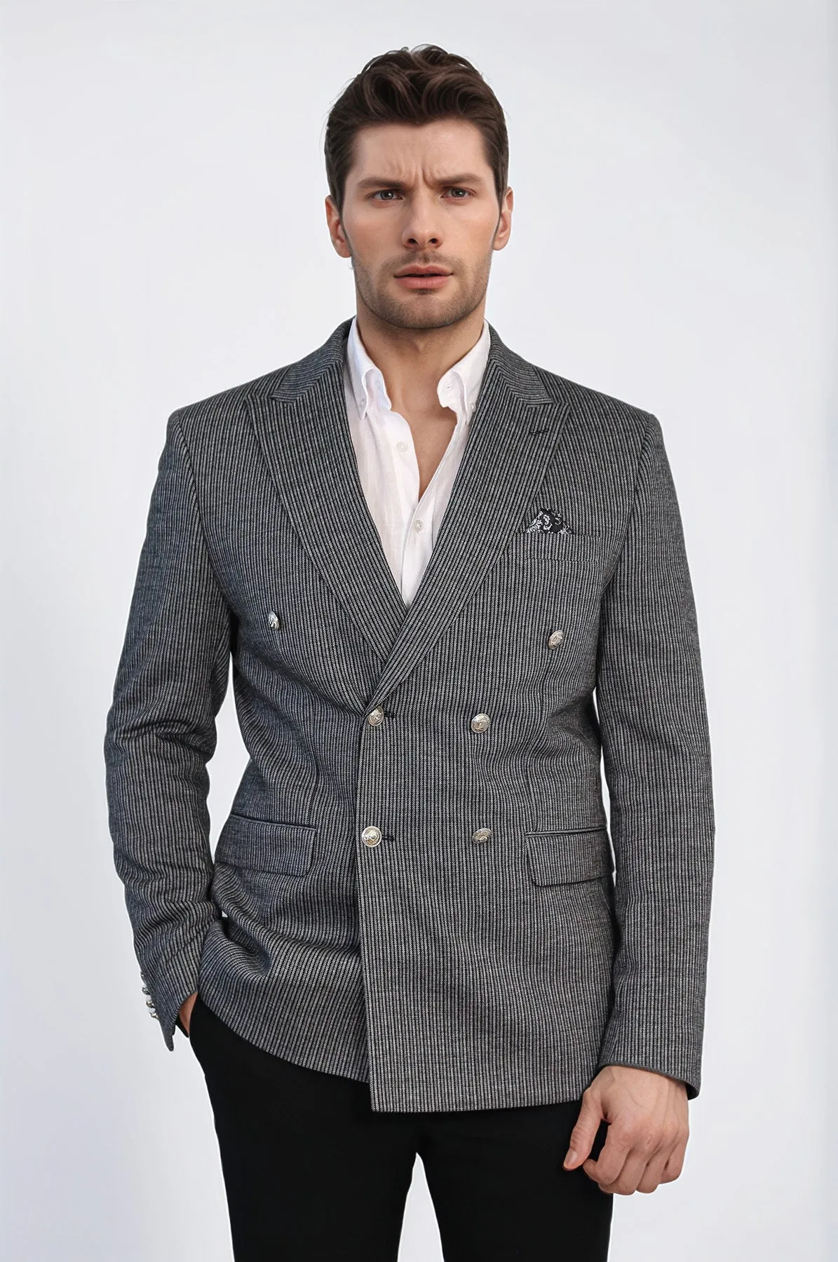 Black Pinstriped Slim Fit Double-Breasted Blazer with Silver Metal Buttons – Wessi sold by Wessi