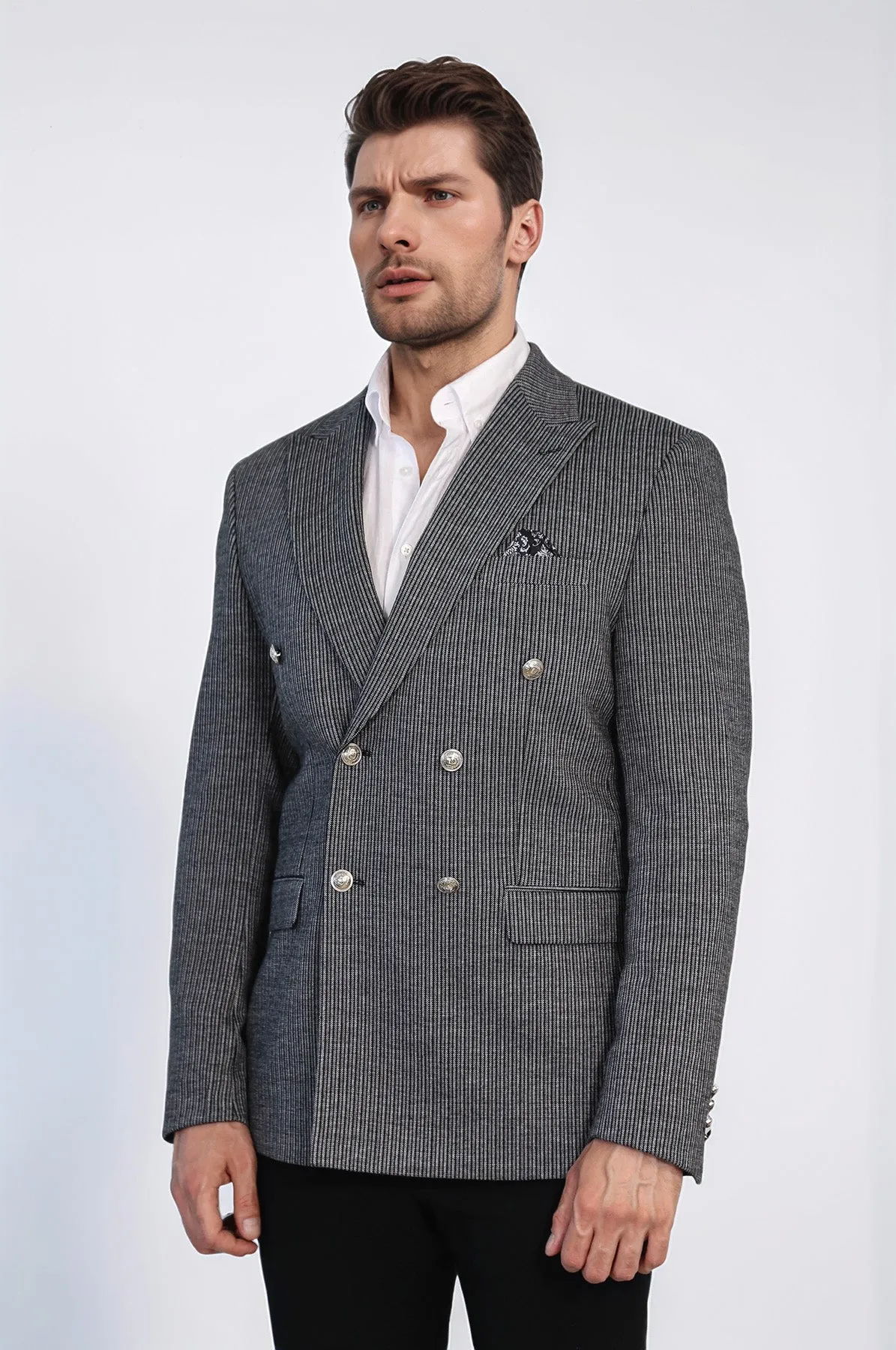Black Pinstriped Slim Fit Double-Breasted Blazer with Silver Metal Buttons – Wessi sold by Wessi product image thumbnail 5