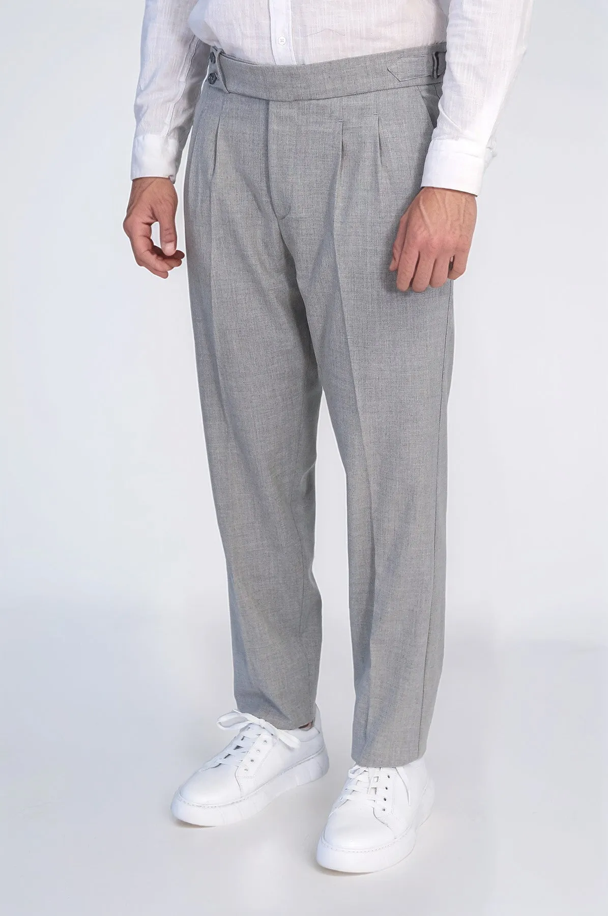 Gray Double-Pleated High-Waisted Slim Fit Trousers with Side Buckles – Wessi sold by Wessi product image thumbnail 5