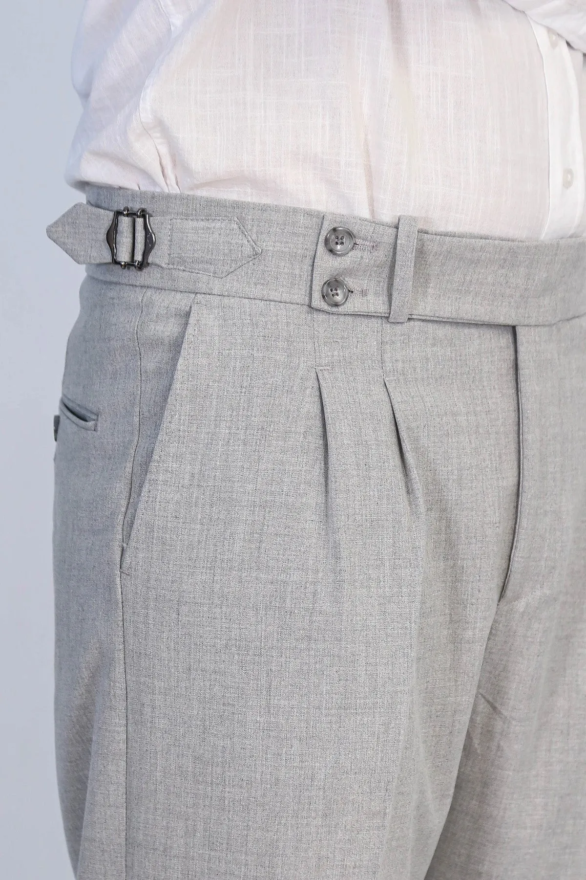 Gray Double-Pleated High-Waisted Slim Fit Trousers with Side Buckles – Wessi sold by Wessi product image thumbnail 2