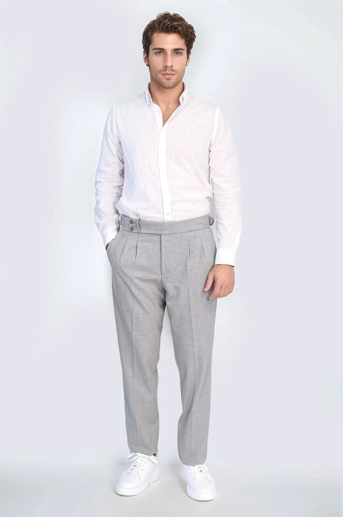 Gray Double-Pleated High-Waisted Slim Fit Trousers with Side Buckles – Wessi sold by Wessi product image thumbnail 4