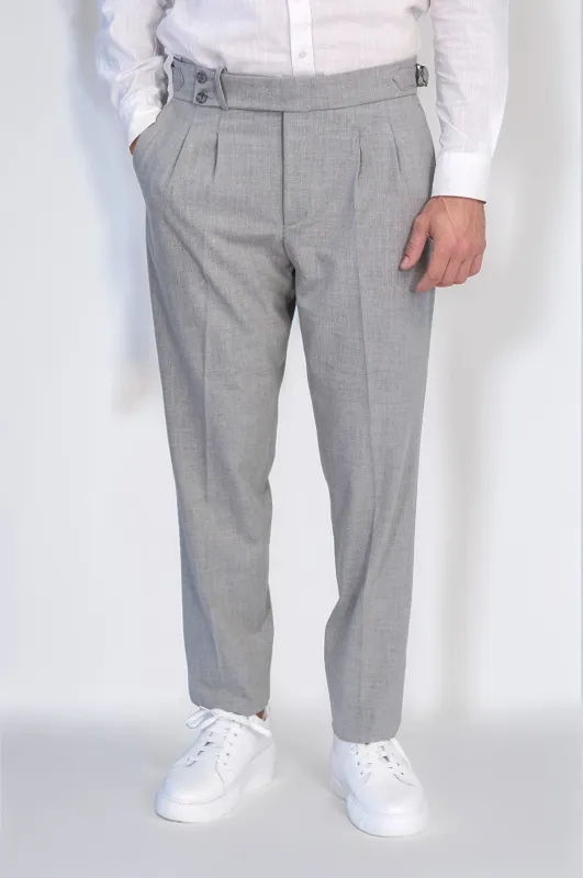 Gray Double-Pleated High-Waisted Slim Fit Trousers with Side Buckles – Wessi sold by Wessi