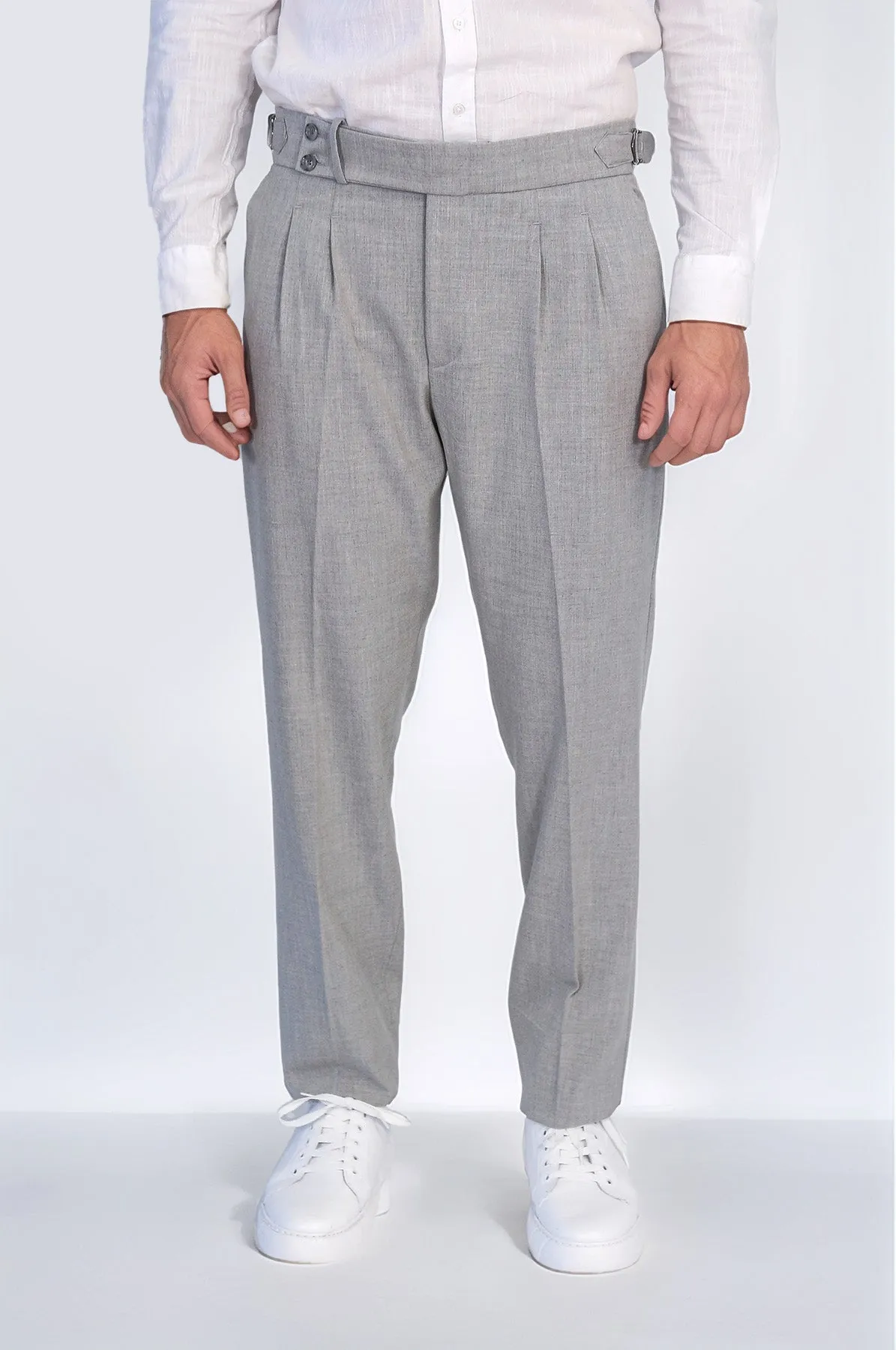 Gray Double-Pleated High-Waisted Slim Fit Trousers with Side Buckles – Wessi sold by Wessi product image thumbnail 3