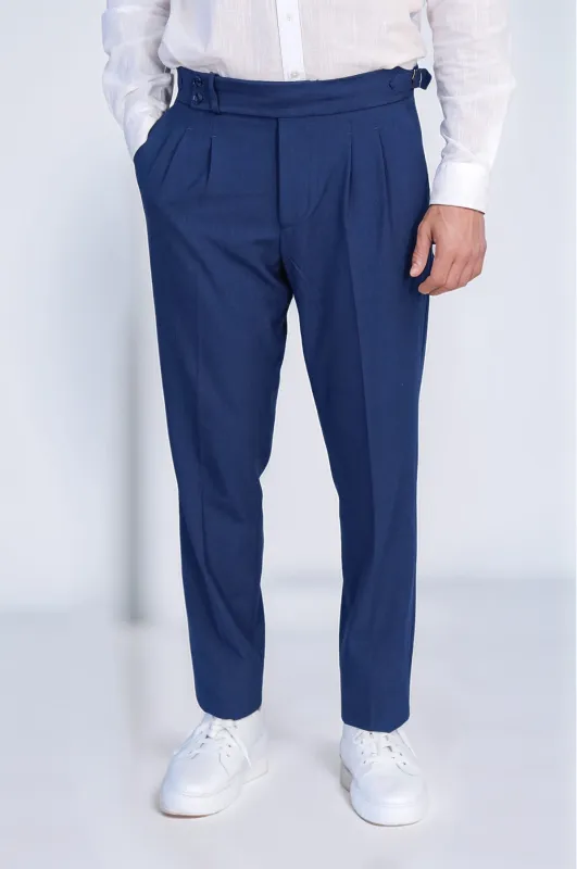 Sapphire Blue Double-Pleated High-Waisted Slim Fit Trousers with Side Buckles – Wessi sold by Wessi