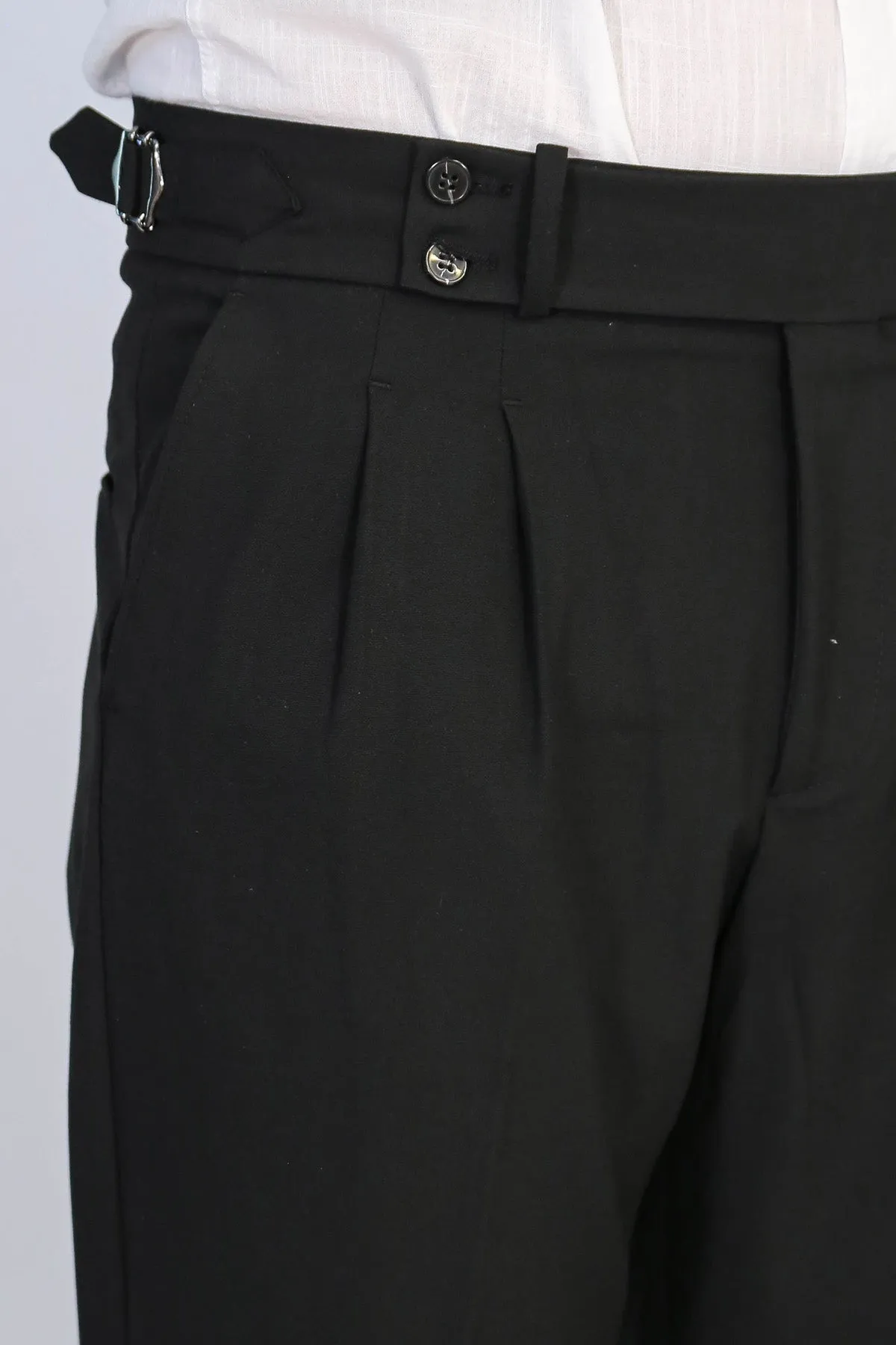 Black Double-Pleated High-Waisted Slim Fit Trousers with Side Buckles – Wessi sold by Wessi product image thumbnail 2