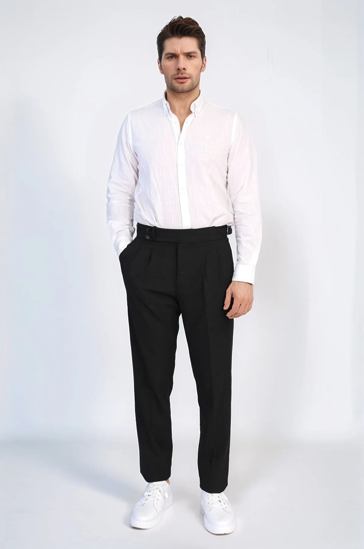 Black Double-Pleated High-Waisted Slim Fit Trousers with Side Buckles – Wessi sold by Wessi product image thumbnail 3