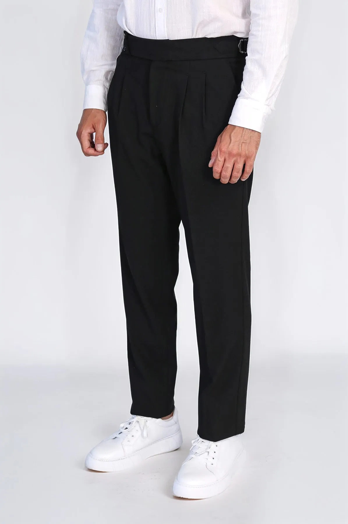 Black Double-Pleated High-Waisted Slim Fit Trousers with Side Buckles – Wessi sold by Wessi product image thumbnail 5