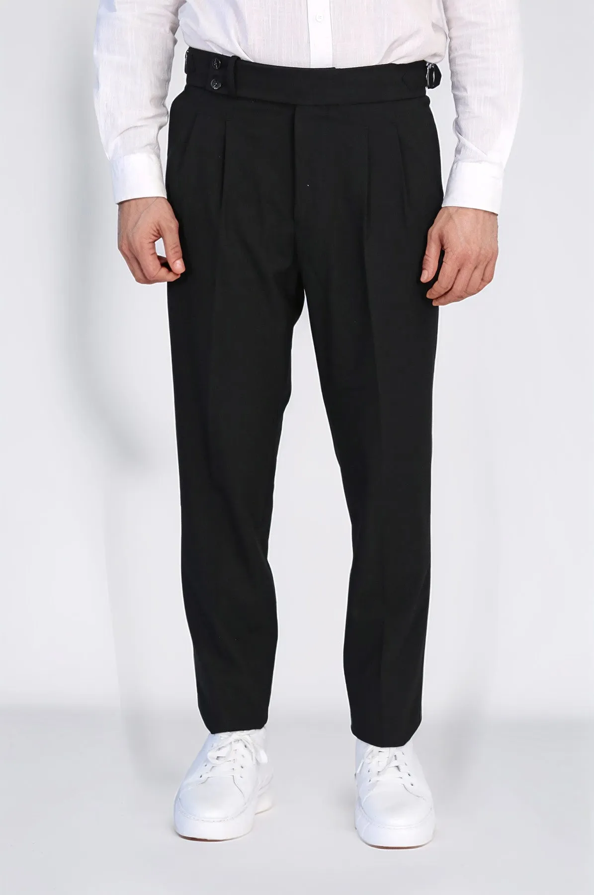 Black Double-Pleated High-Waisted Slim Fit Trousers with Side Buckles – Wessi sold by Wessi product image thumbnail 4