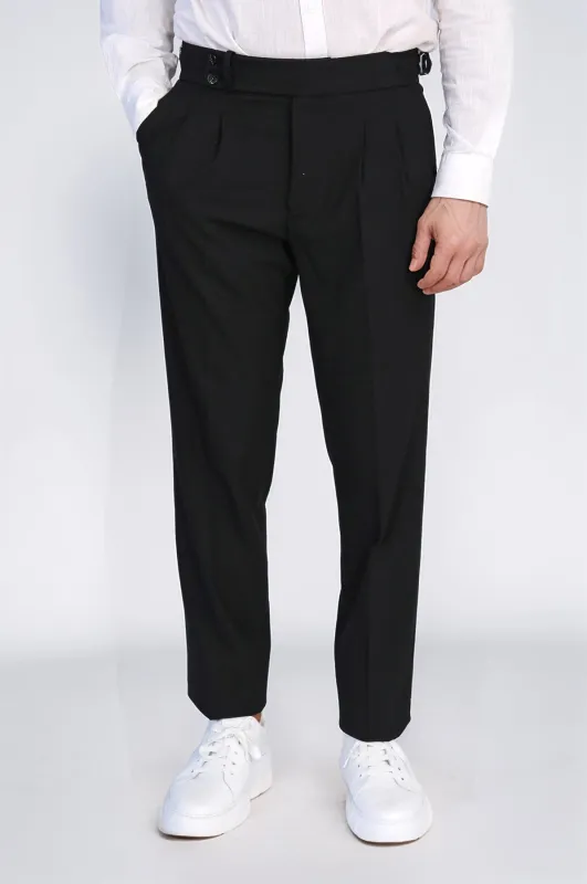 Black Double-Pleated High-Waisted Slim Fit Trousers with Side Buckles – Wessi sold by Wessi