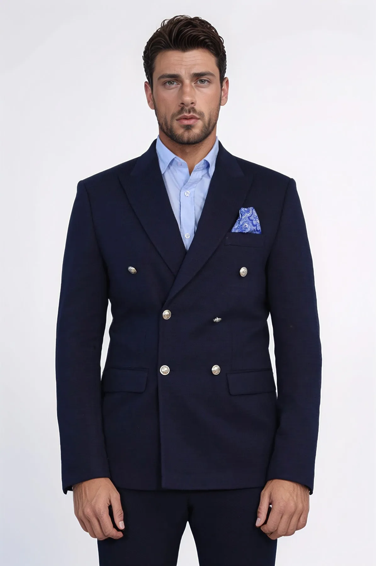 Navy Blue Solid Slim Fit Double-Breasted Blazer with Silver Metal Buttons – Wessi sold by Wessi product image thumbnail 3